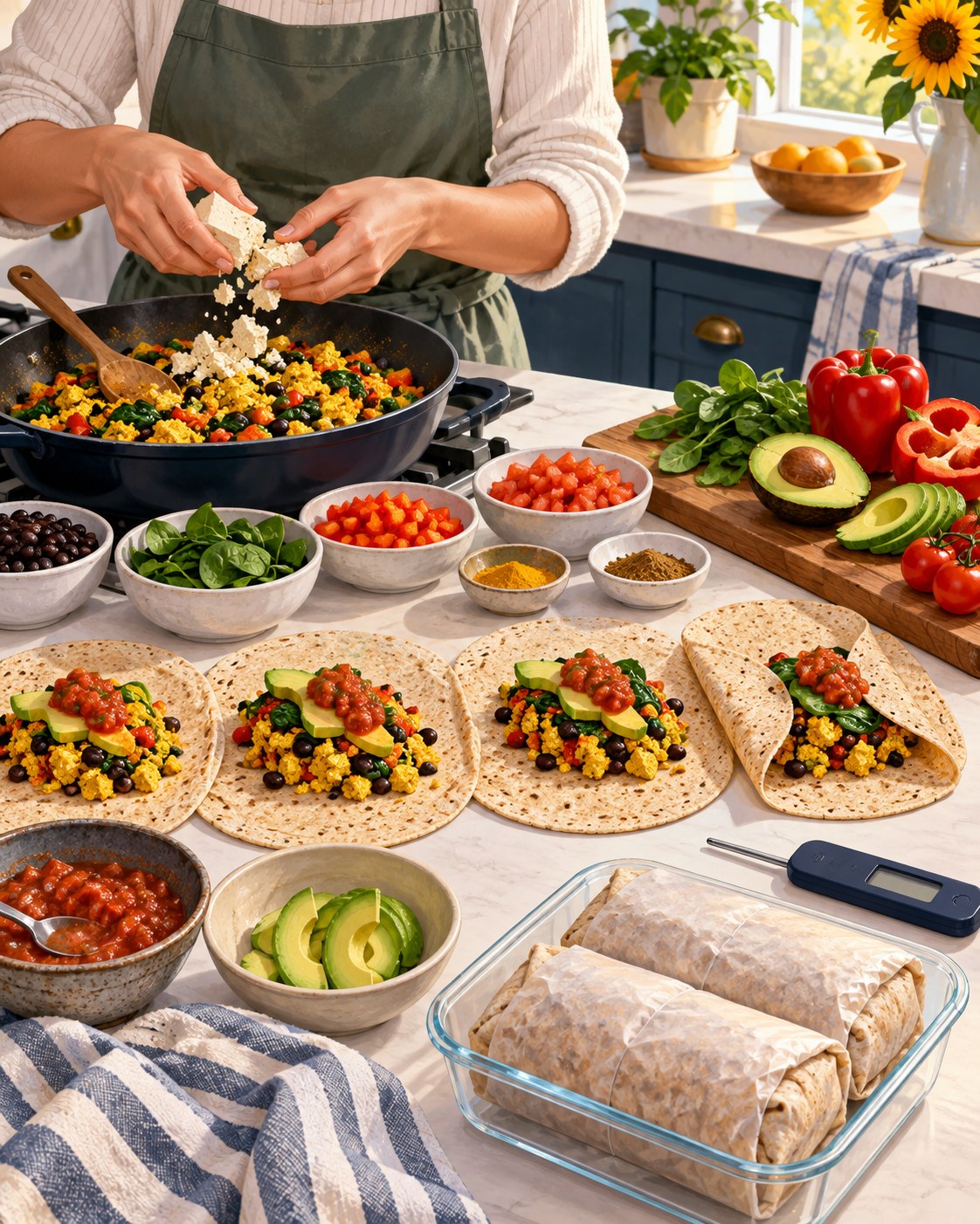 Cook crumbling tofu with black beans, spinach, peppers, and tomatoes and folding four whole-grain burritos