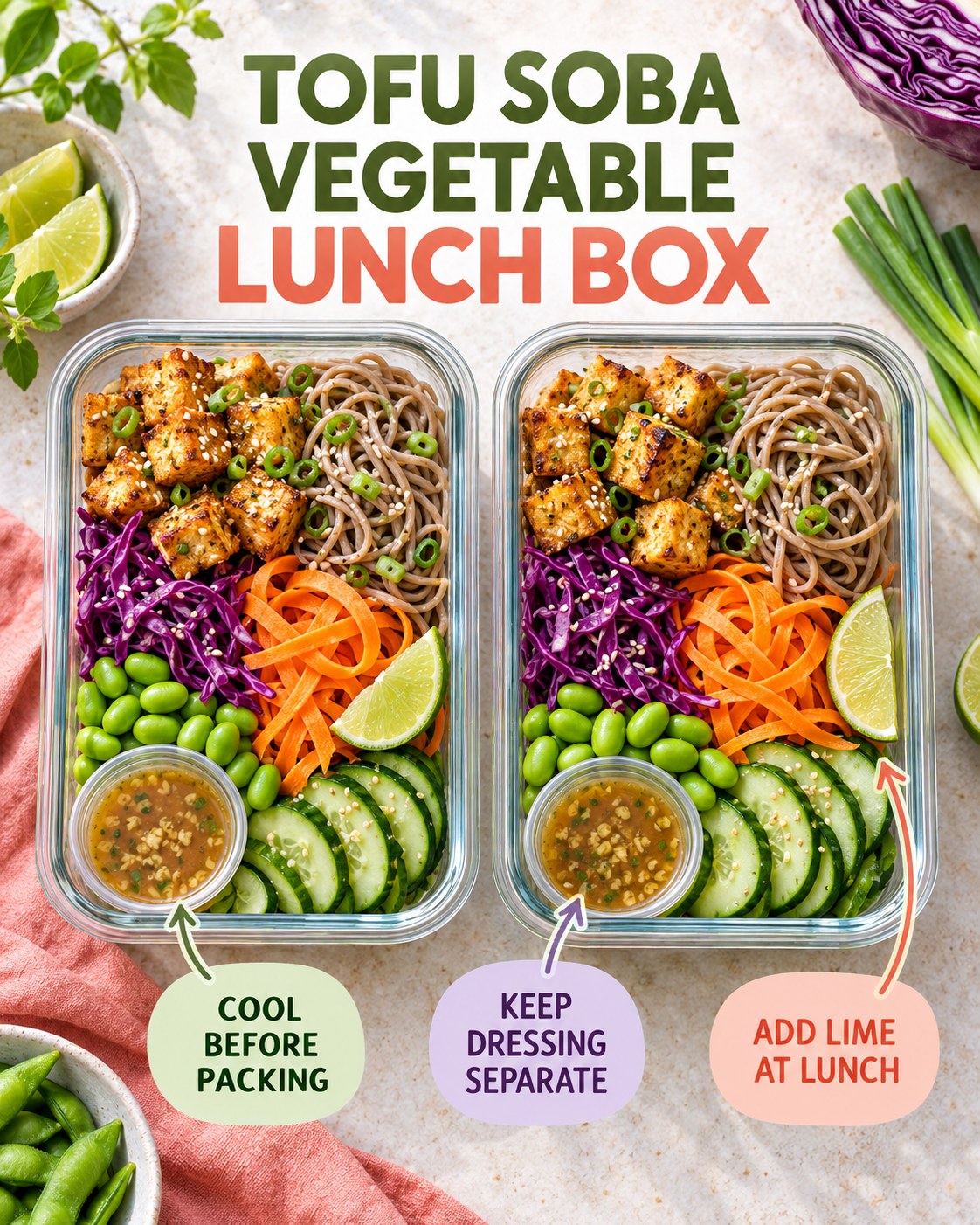 Two tofu soba vegetable lunch boxes with edamame, cabbage, carrot, cucumber, lime, and separate ginger dressing.