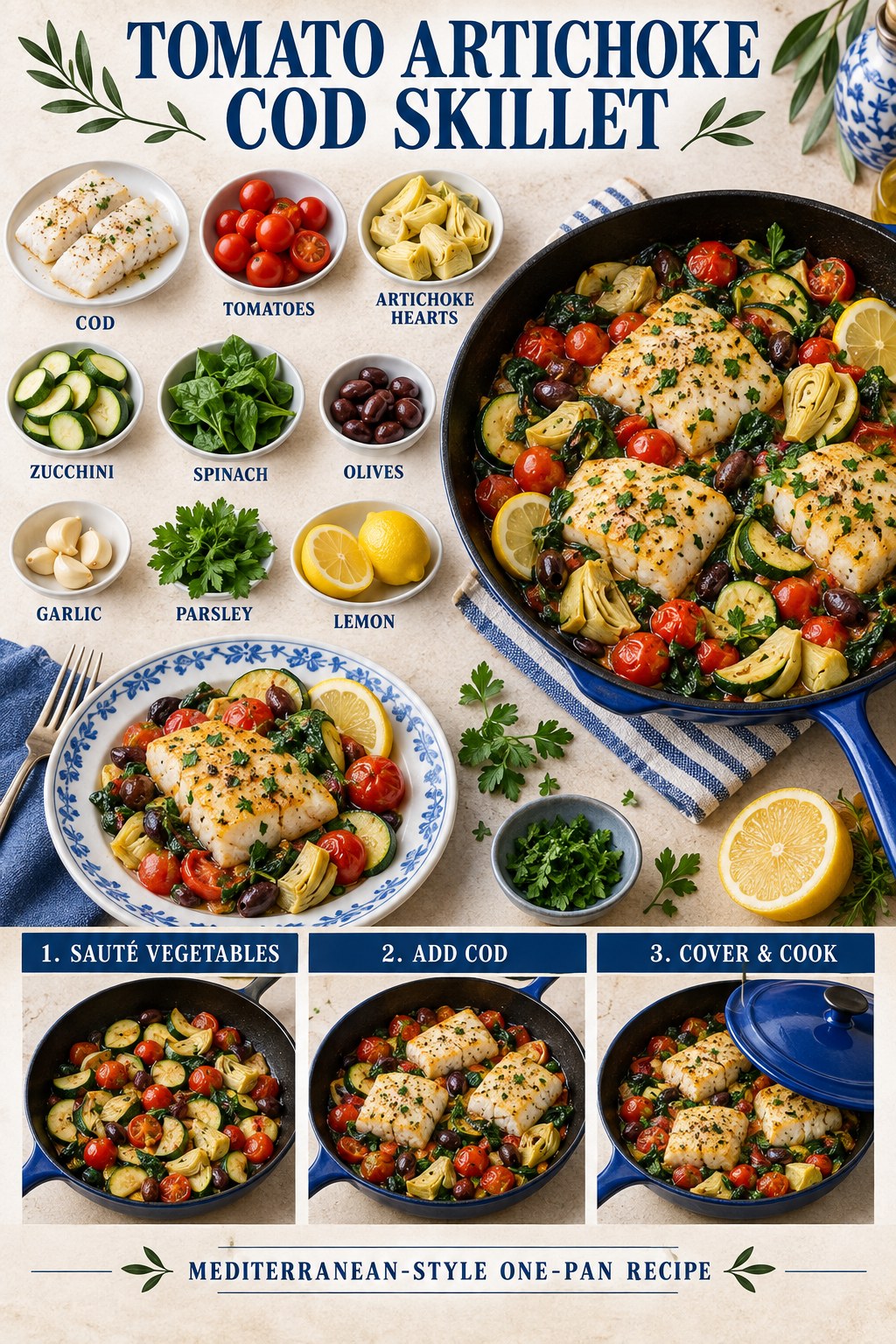 Cod skillet with tomatoes, artichoke hearts, zucchini, spinach, olives, garlic, parsley, and lemon.