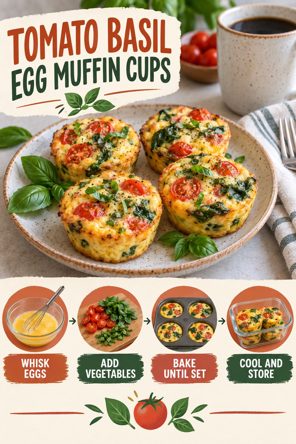 Tomato, spinach, and basil egg muffin cups with four illustrated preparation steps.
