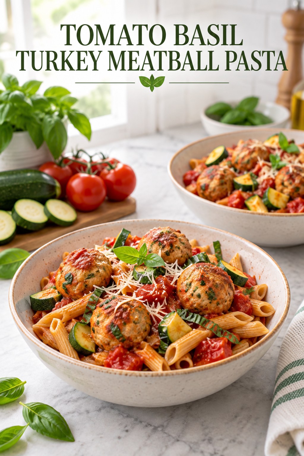 Two servings of tomato basil turkey meatball pasta made with turkey, whole-grain pasta, and vegetables.