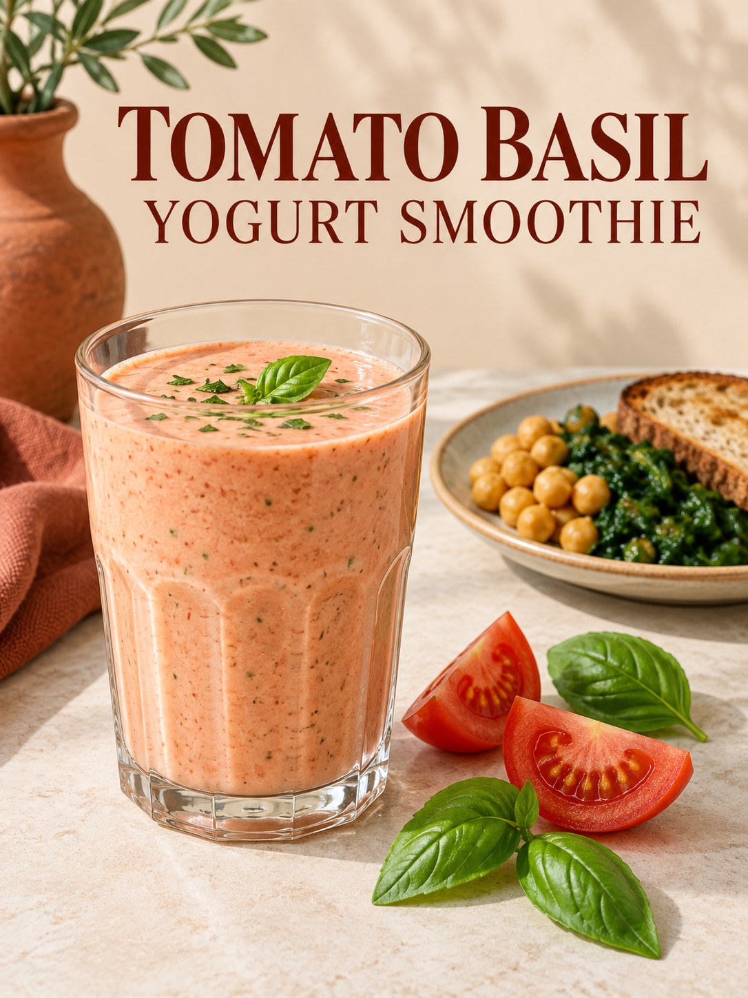 Pale coral tomato basil smoothie in a glass beside tomatoes, basil leaves, and a chickpea spinach dinner plate.