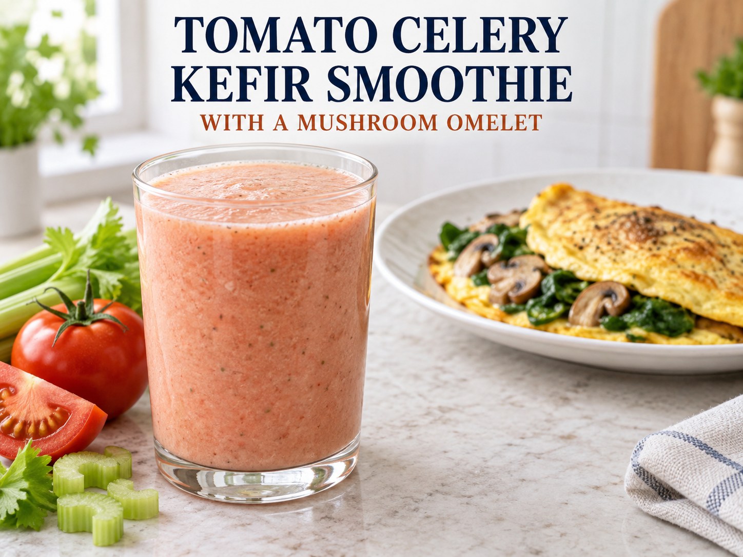 Pale coral tomato celery kefir smoothie beside tomato and celery, with a mushroom omelet plate behind it and readable recipe lettering.