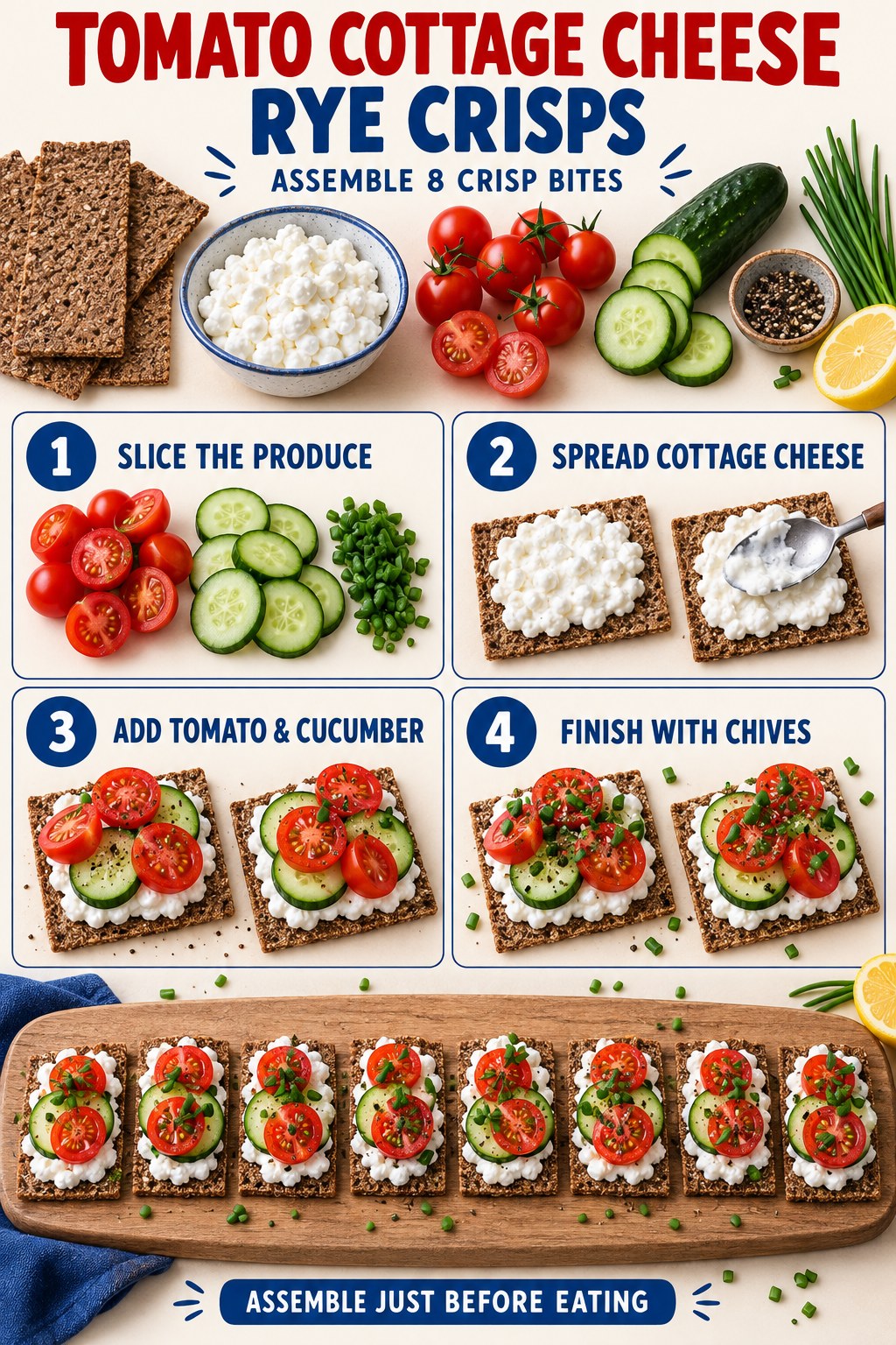 Rye crisps topped with cottage cheese, sliced tomatoes, cucumber, herbs, and pepper.