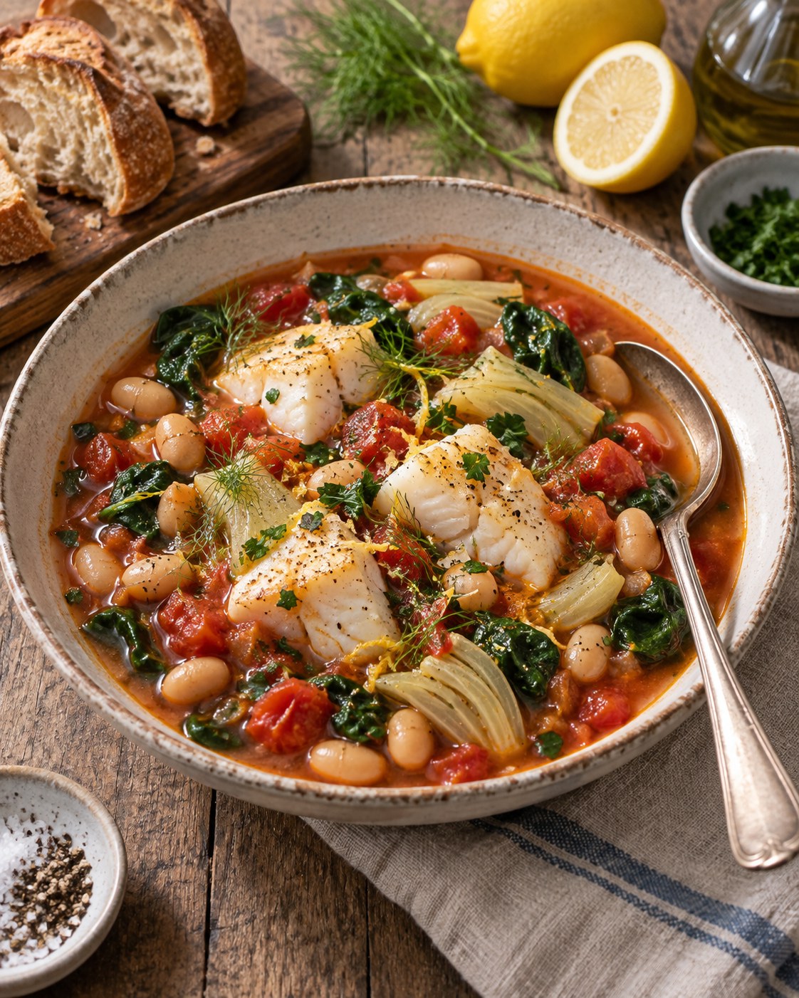 Tomato fennel stew with cod, cannellini beans, spinach, lemon, and fresh herbs in a wide bowl