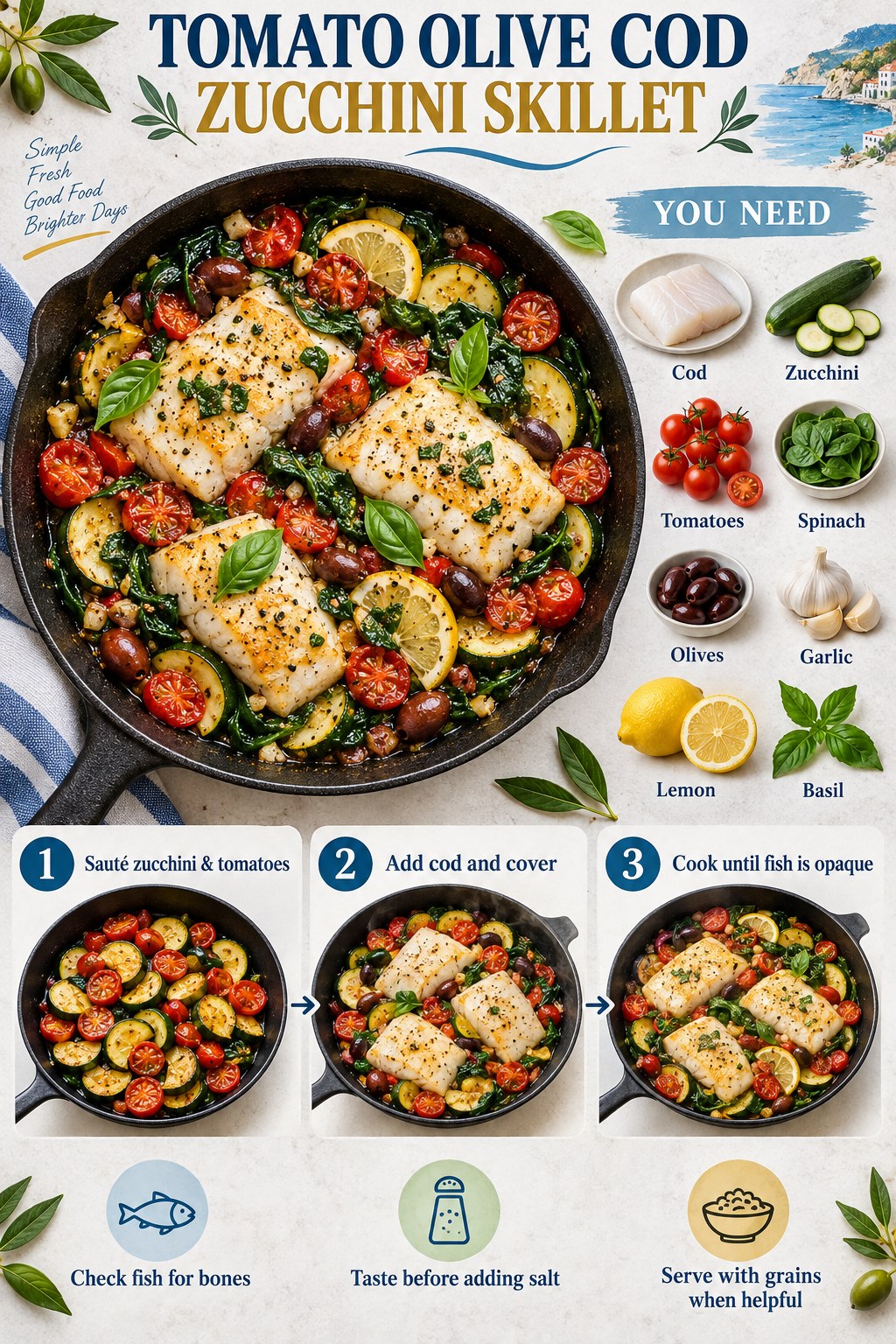 Tomato-olive cod zucchini skillet infographic with spinach, garlic, lemon, basil, and three cooking steps.