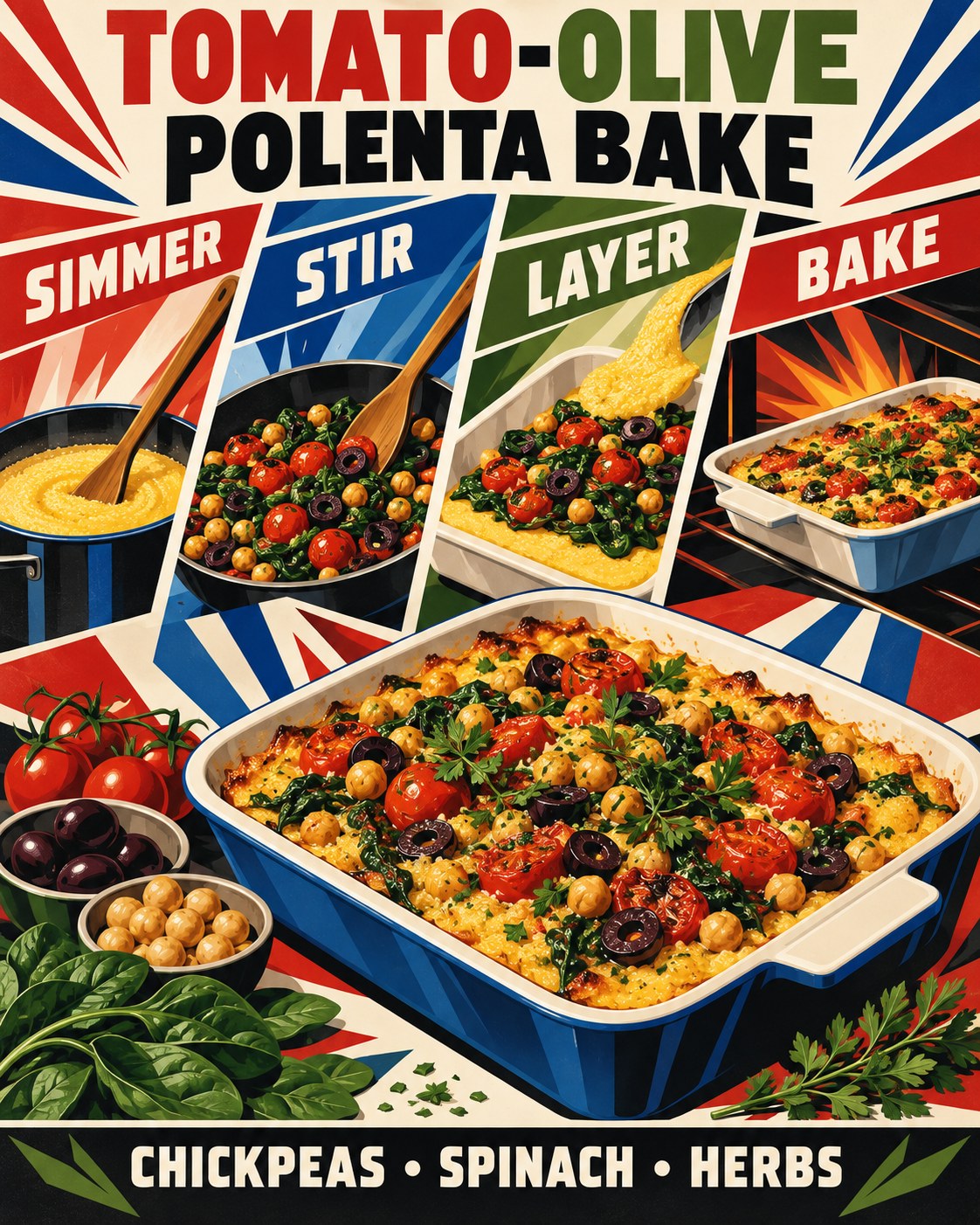 Tomato red, cobalt, olive, gold, cream, and black Futurist infographic for a chickpea polenta bake.