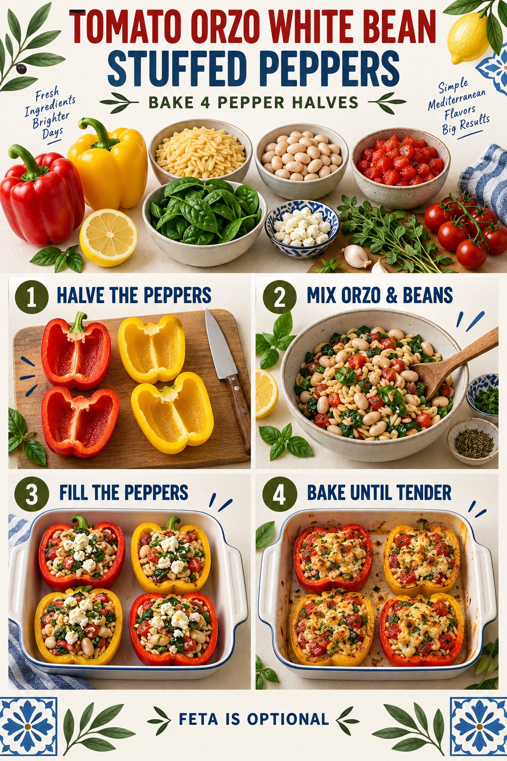 Bell peppers filled with tomato orzo, white beans, spinach, herbs, and optional feta.
