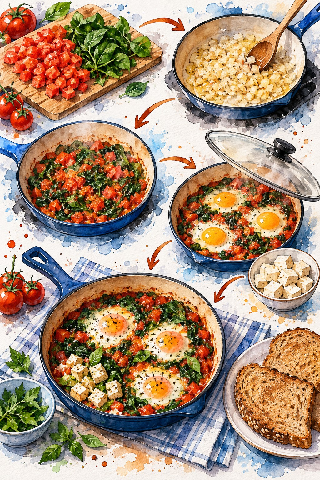 Watercolor recipe sequence showing tomatoes, spinach, onion, a covered egg skillet, tofu option, and whole-grain toast.