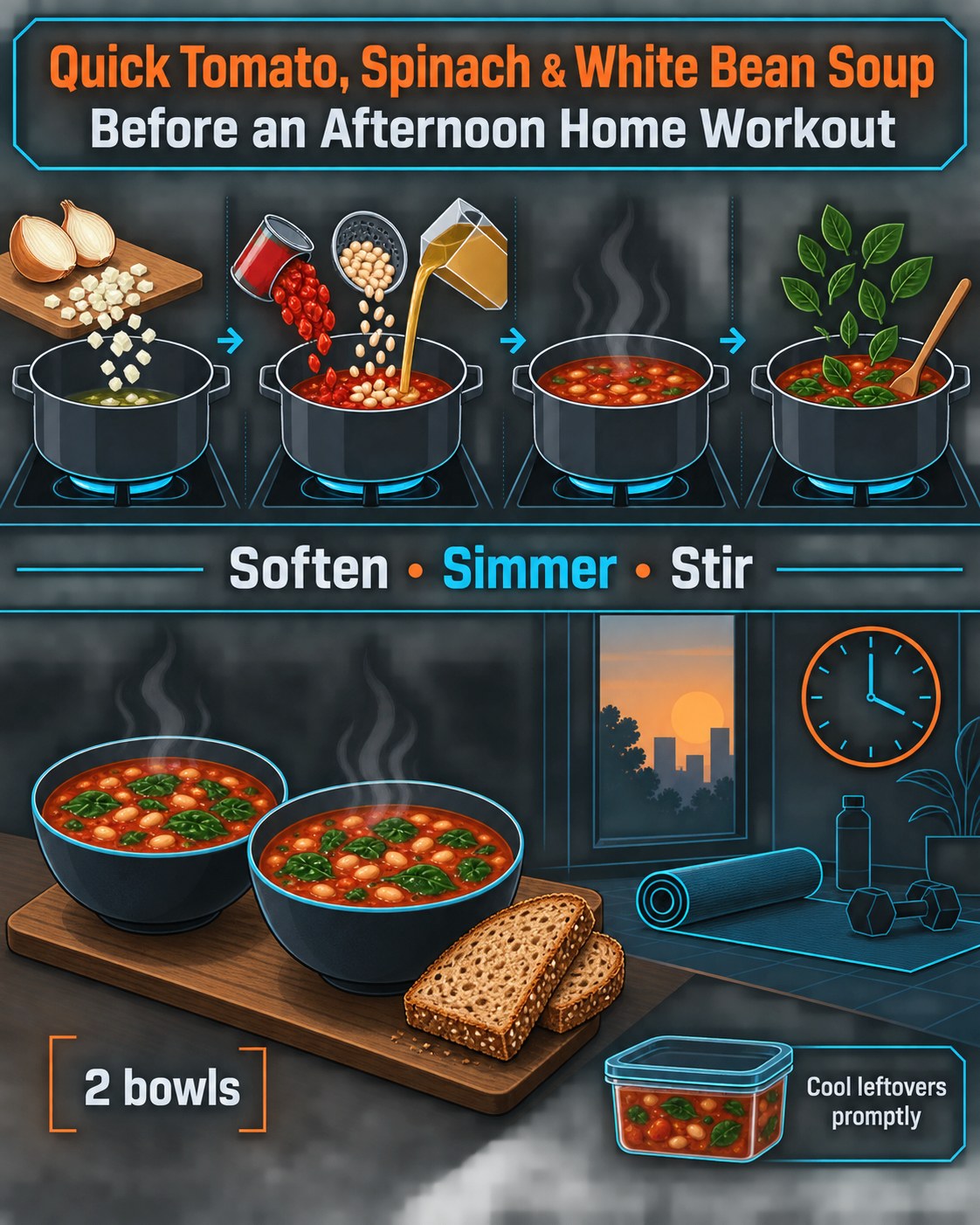 Neon blueprint infographic showing onion, tomato, white beans, broth, spinach, two soup bowls, and whole-grain toast.