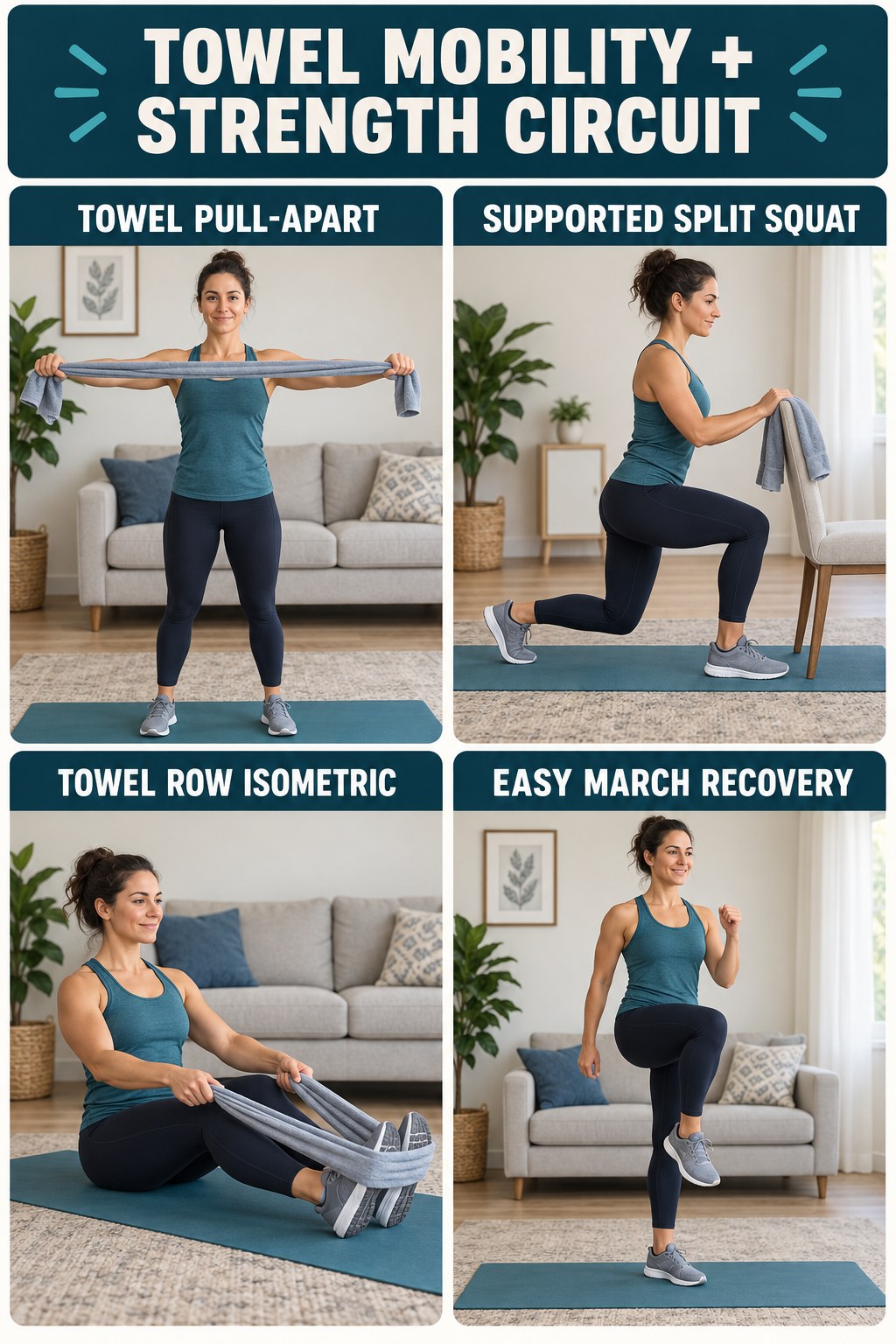 Home towel circuit infographic showing a towel pull-apart, supported split squat, towel row isometric, and easy march.