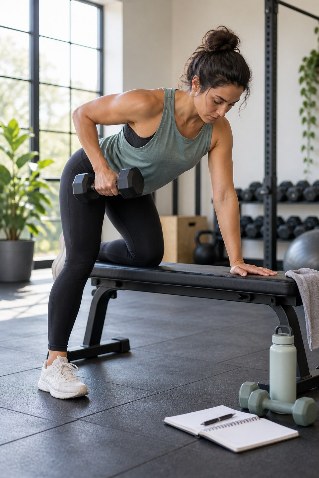 Adult performing a supported one-arm dumbbell row beside a bench, notebook, water bottle, and light weights.