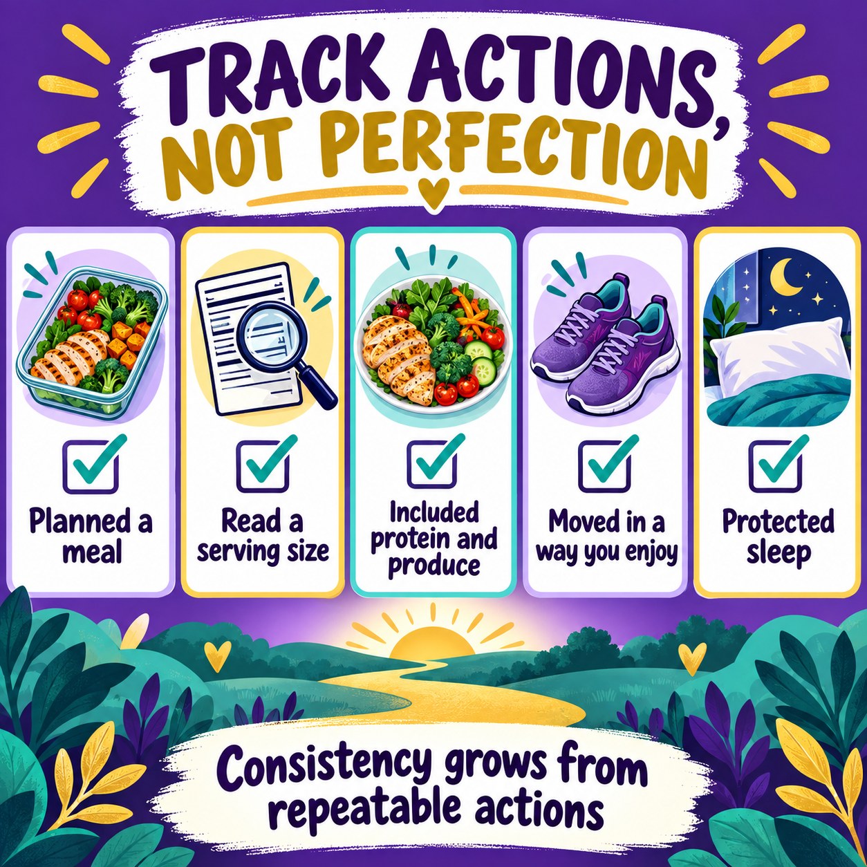Habit-tracker infographic showing meal planning, serving-size awareness, protein and produce, enjoyable movement, and protected sleep