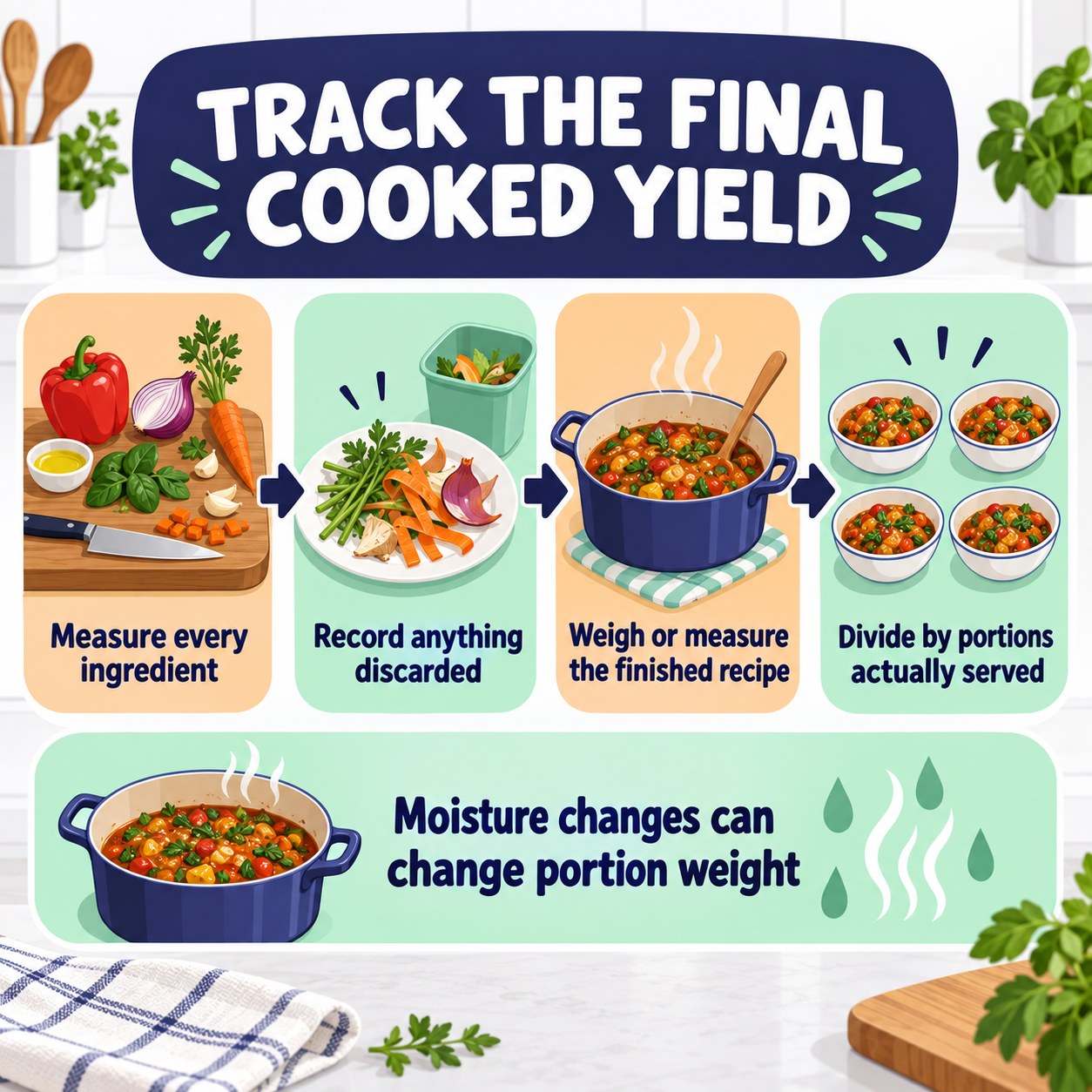 Kitchen flowchart for measuring ingredients, recording discarded items, weighing the finished recipe, and dividing cooked portions