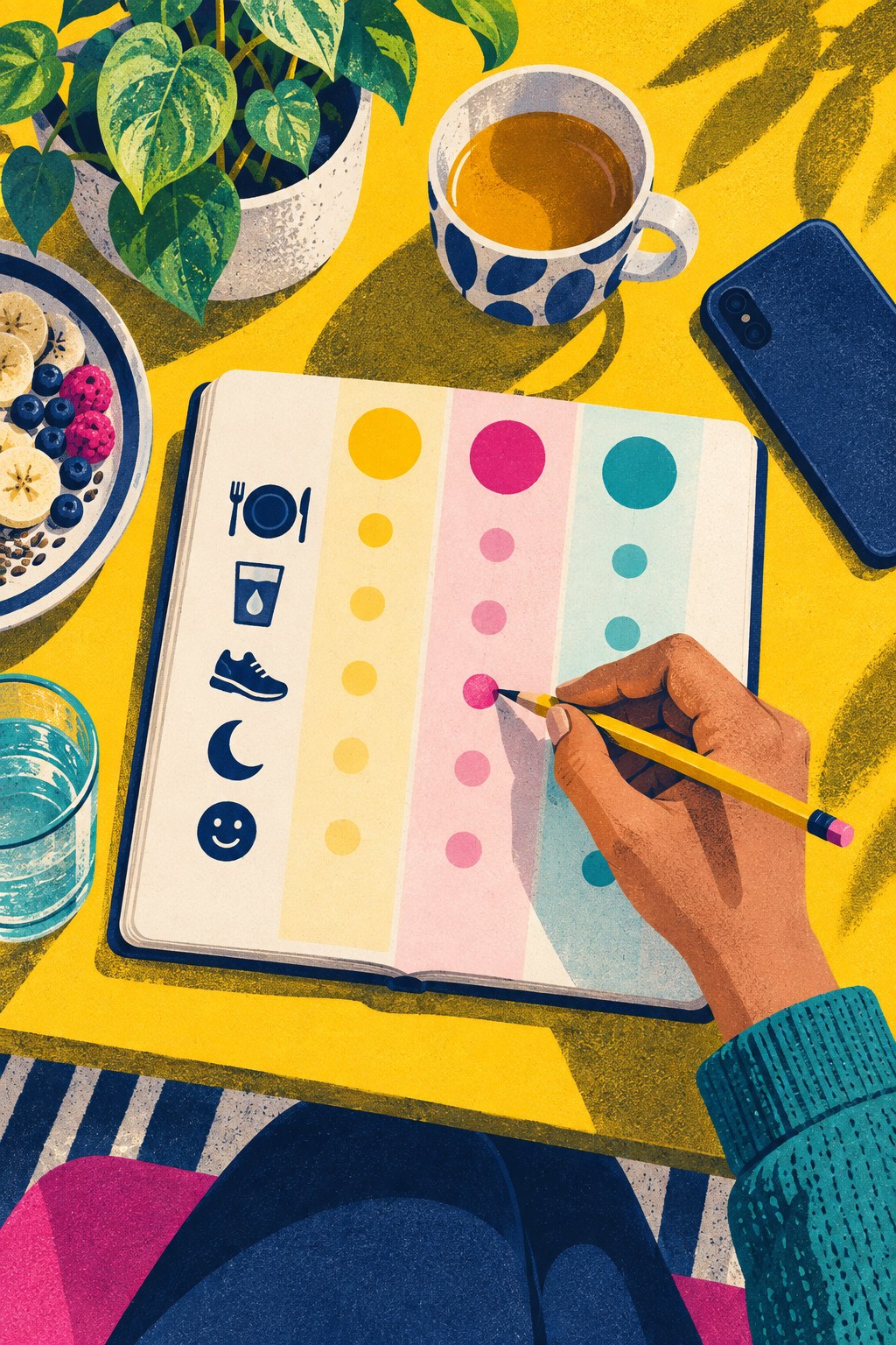 Colorful risograph-style desk scene with a blank three-column habit notebook, simple wellness icons, tea, and a pencil.
