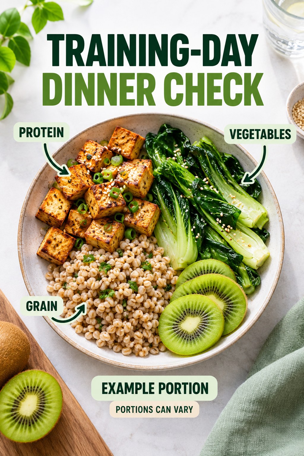 Training-Day Dinner Check visual using tofu, barley, bok choy, and kiwi as flexible example portions for High Protein Dinner.