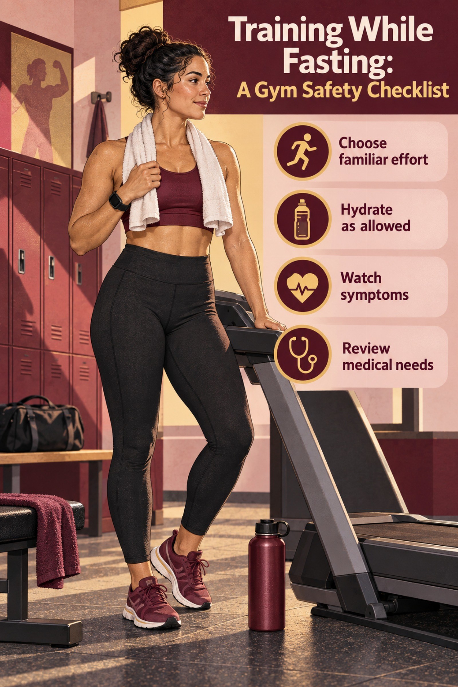 Minimal clinical-style checklist beside a treadmill and water bottle. The image supports Training While Fasting: A Gym Safety Checklist.