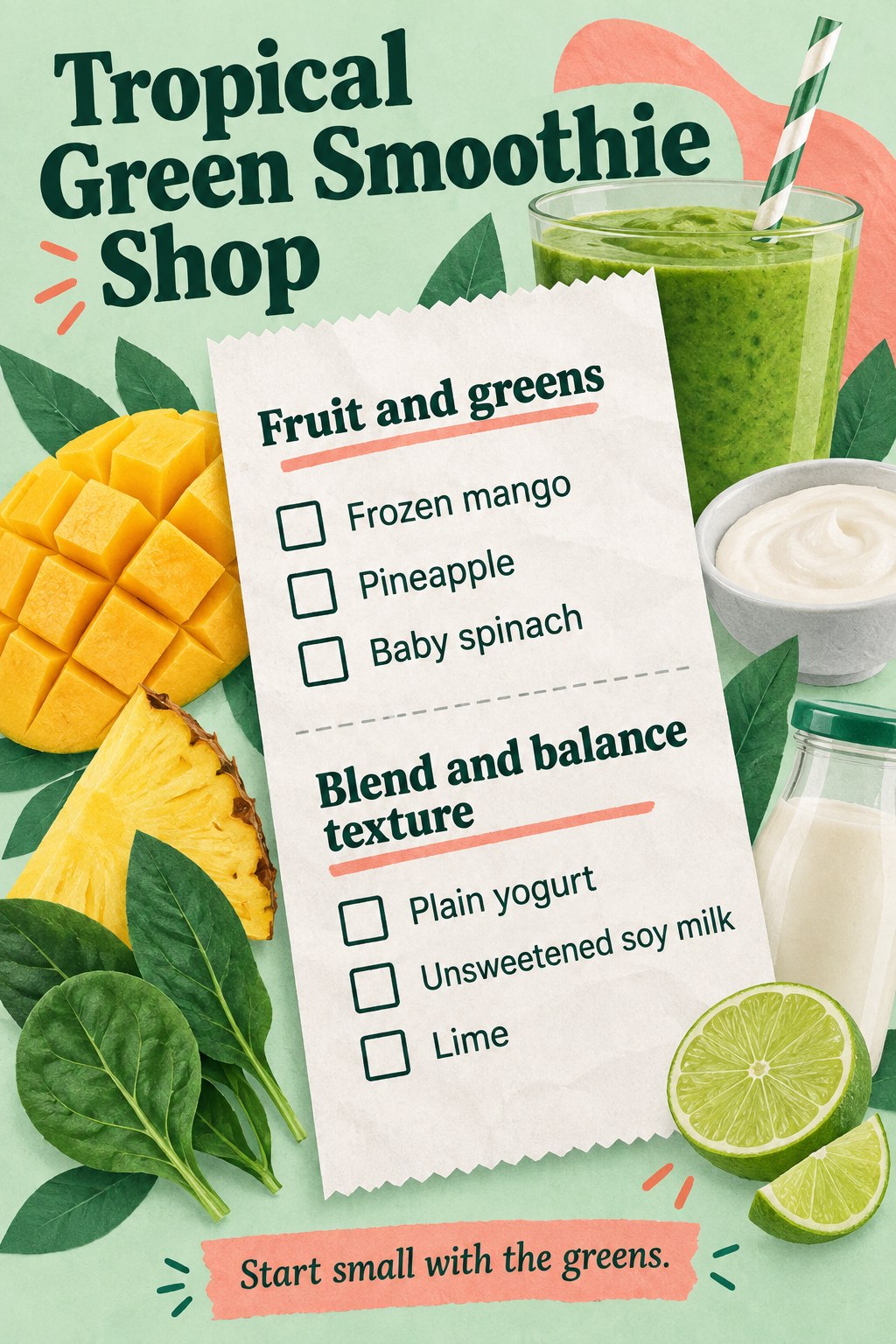 Mint and coral smoothie checklist with mango, pineapple, spinach, plain yogurt, soy milk and lime.