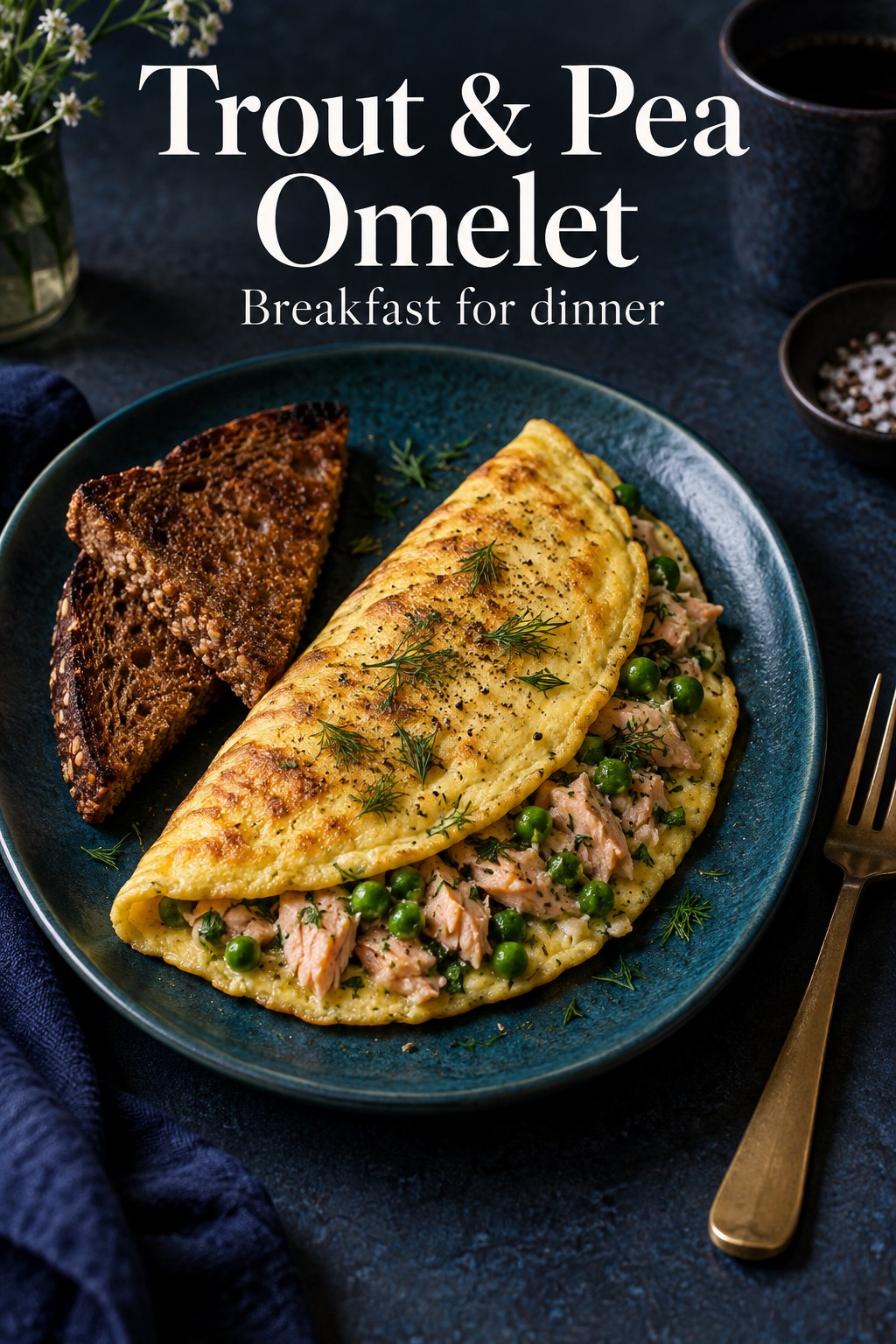 A trout and pea omelet with rye toast on a teal plate under the words Trout & Pea Omelet.