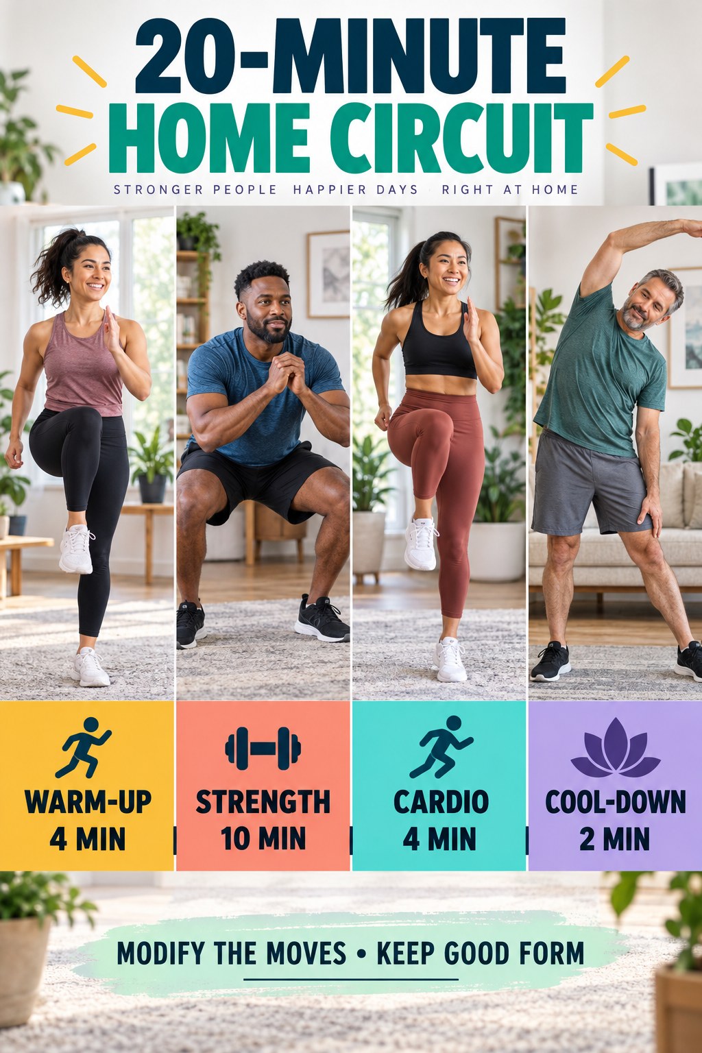 Portrait exercise infographic showing warm-up, strength, cardio, and cool-down sections.