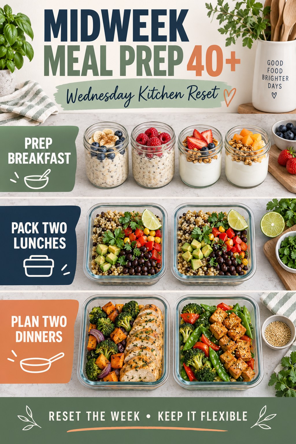 Sage and navy midweek meal-prep infographic for adults over 40 with breakfasts, two packed lunches, and two dinners.