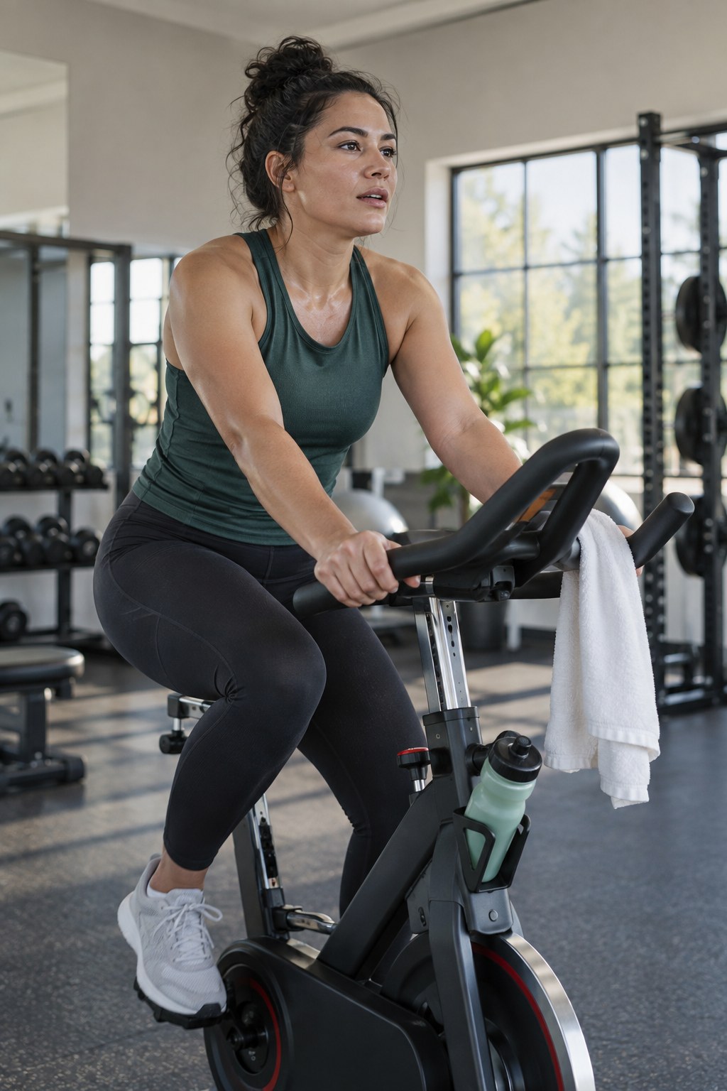 Adult pedaling a stationary bike at a moderate pace in a clean gym with a towel and water bottle.