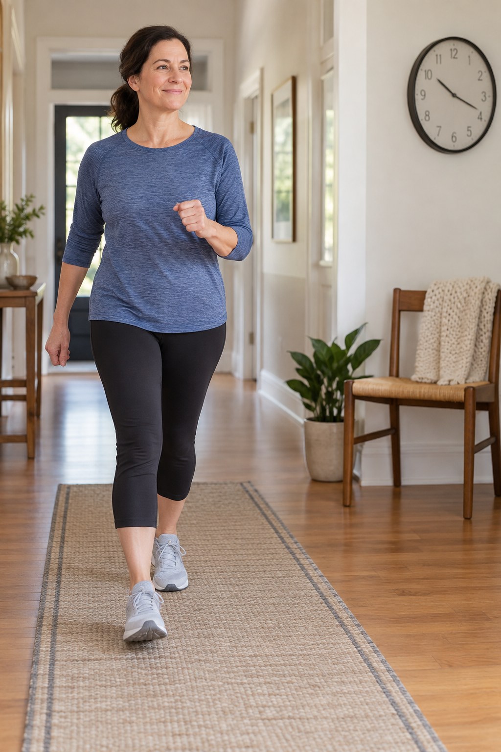 Adult completing a short indoor hallway walk near a sturdy chair and wall clock in an uncluttered home.