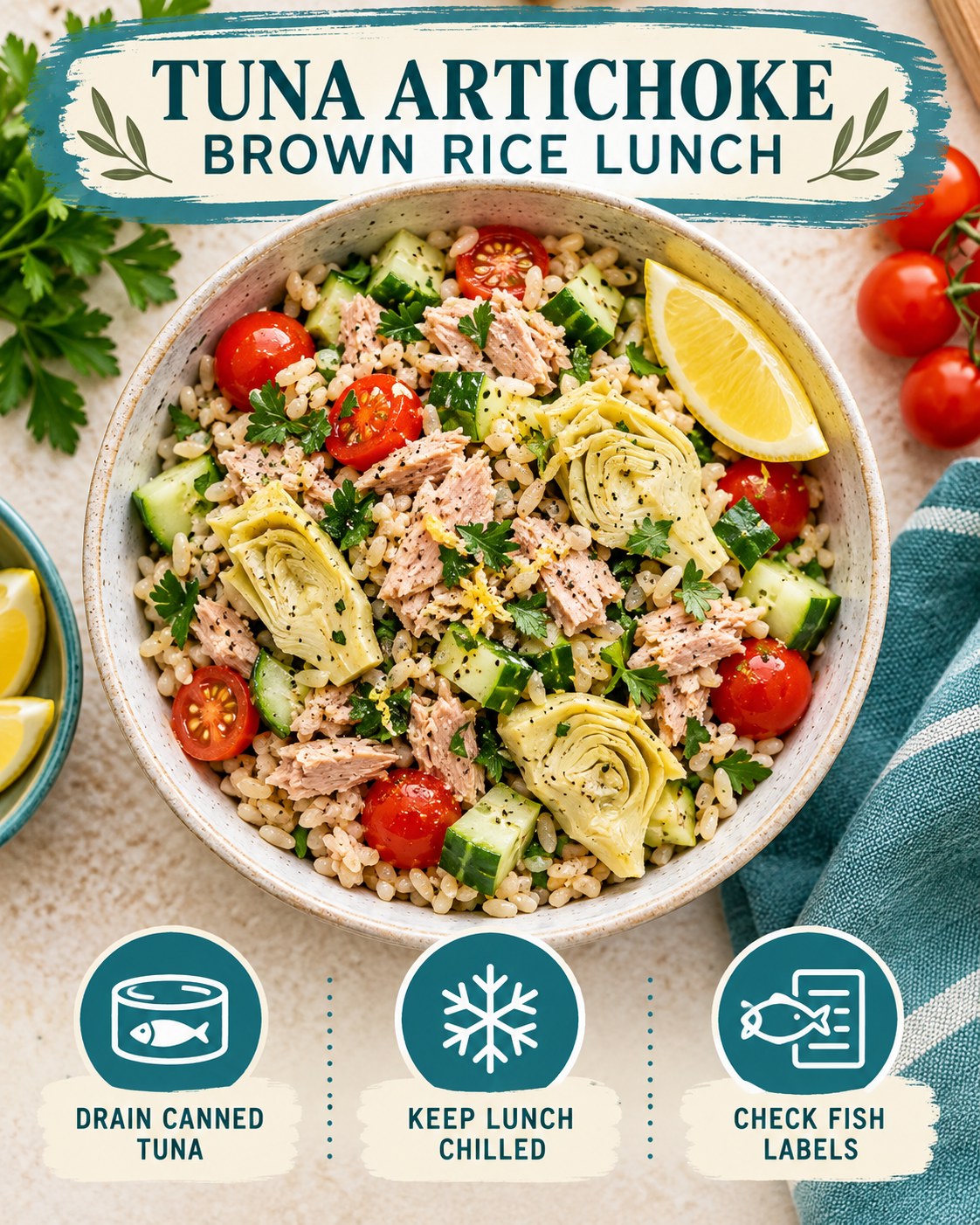 Tuna artichoke brown rice lunch bowl with cucumber, tomatoes, parsley, and lemon