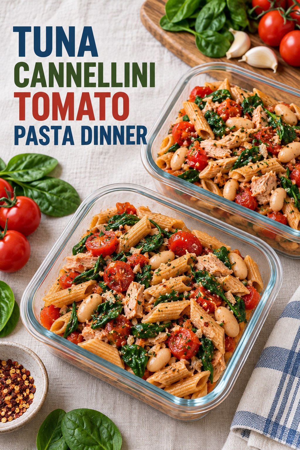 Two servings of tuna cannellini tomato pasta dinner made with tuna, white beans, and vegetables.