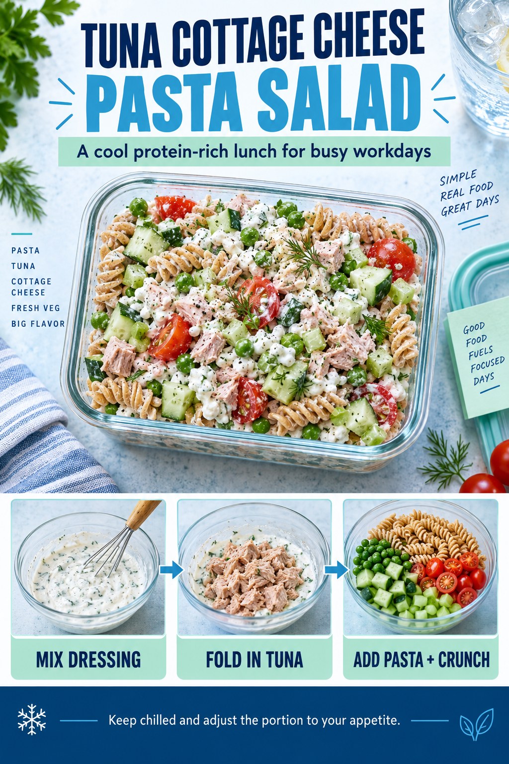 Cold pasta salad infographic with tuna, cottage cheese, whole-grain pasta, cucumber, tomatoes, peas, celery, and herbs