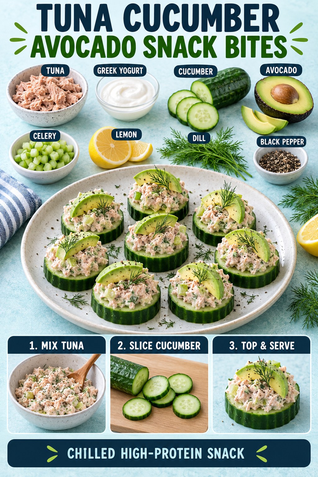 Cucumber rounds topped with tuna yogurt filling, avocado, celery, lemon, dill, and black pepper.