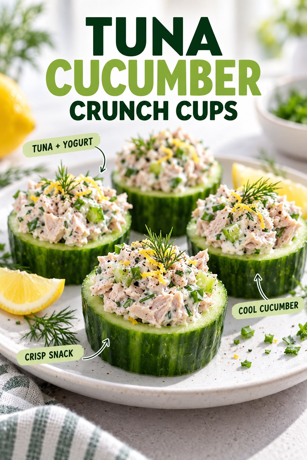 Tuna cucumber crunch cups with Greek yogurt, celery, lemon, and dill