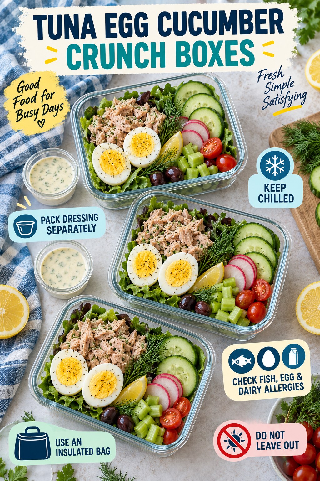Tuna and egg lunch boxes with cucumber, radish, celery, greens, tomatoes, olives, lemon, dill, and dressing.