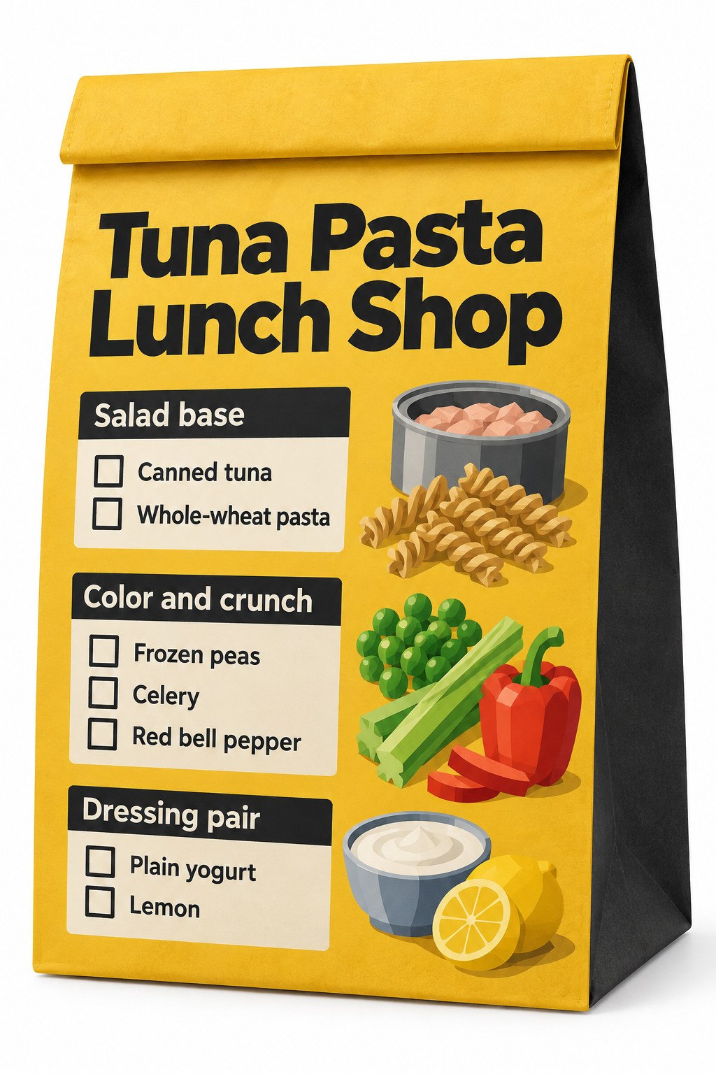 Mustard and charcoal lunch bag checklist with tuna, whole-wheat pasta, peas, celery, red pepper, yogurt and lemon.