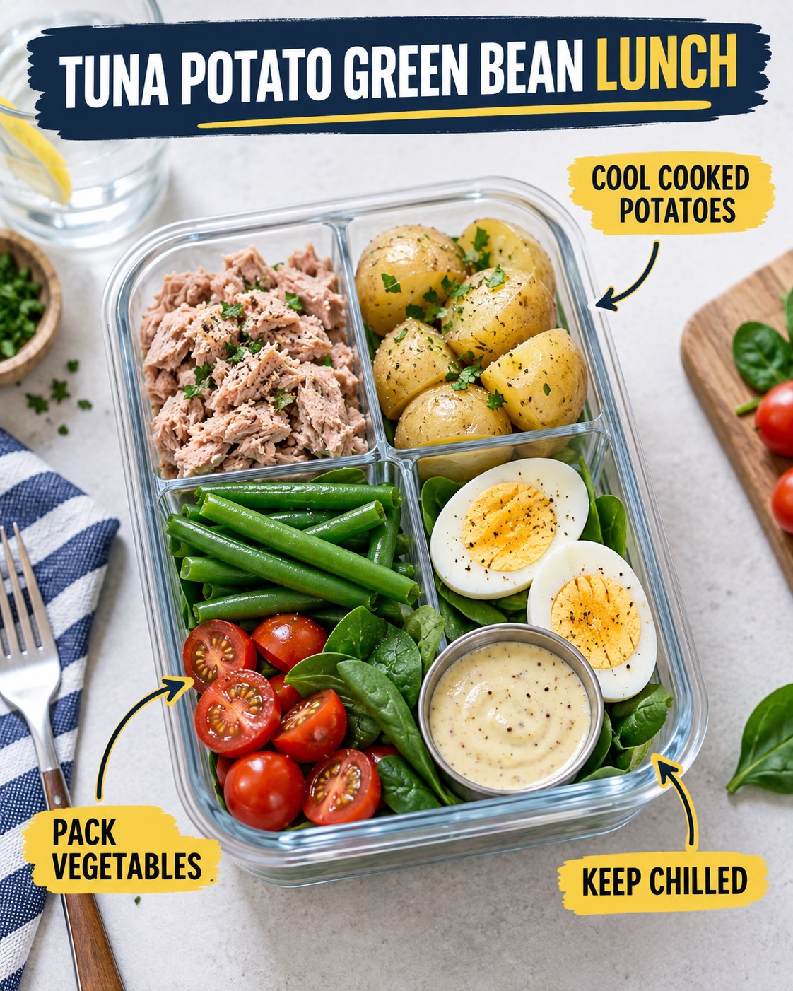 Tuna potato green bean lunch box with tomatoes, spinach, hard-cooked eggs, mustard-yogurt dressing, and chilled packing tips.