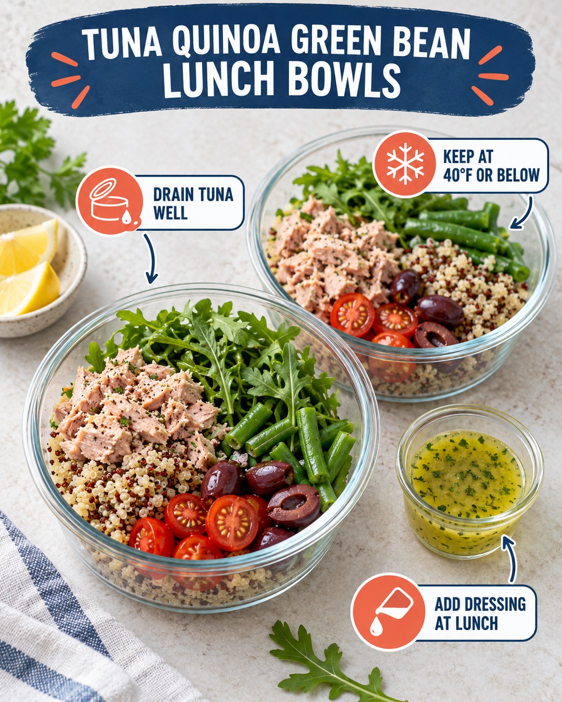Two tuna quinoa green bean lunch bowls with tomatoes, olives, arugula, lemon, and separate herb dressing