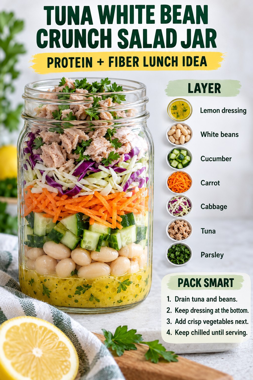 Tuna white bean salad jar layered with lemon dressing, cucumber, carrot, cabbage, parsley, and practical packing tips.