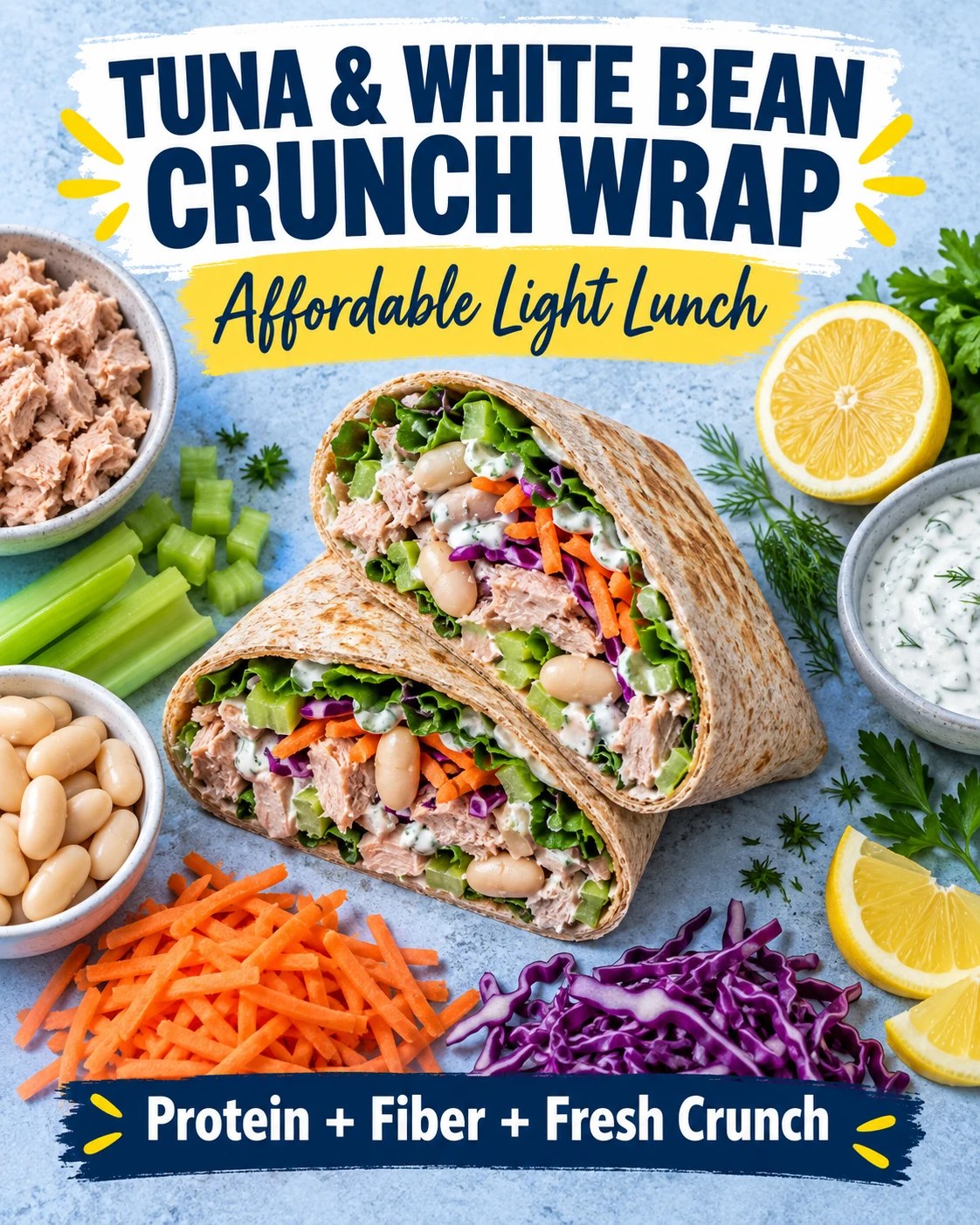 Whole-wheat tuna and white bean wraps with lettuce, cabbage, carrots, celery, lemon, and herb yogurt