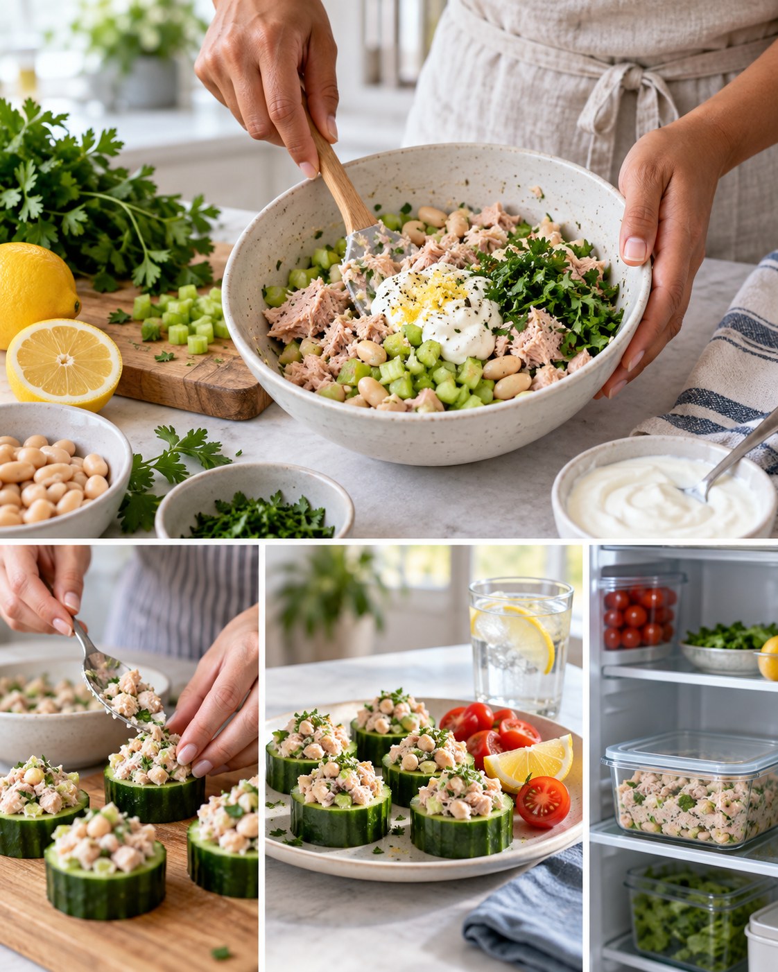 Tuna and white bean mixture spooned onto thick cucumber rounds with tomatoes and lemon