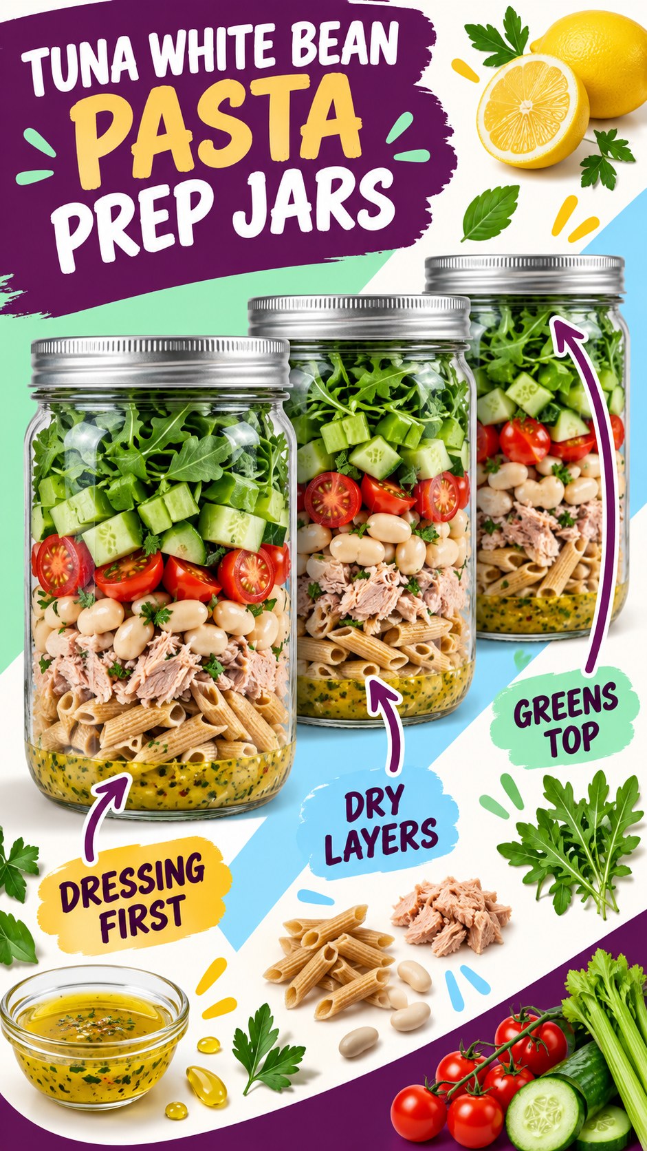 Three jars layered with dressing, whole-grain pasta, tuna, white beans, vegetables, and leafy greens