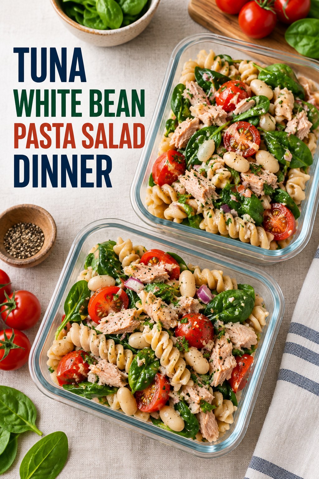 Two servings of tuna white bean pasta salad dinner made with tuna, white beans, and vegetables.