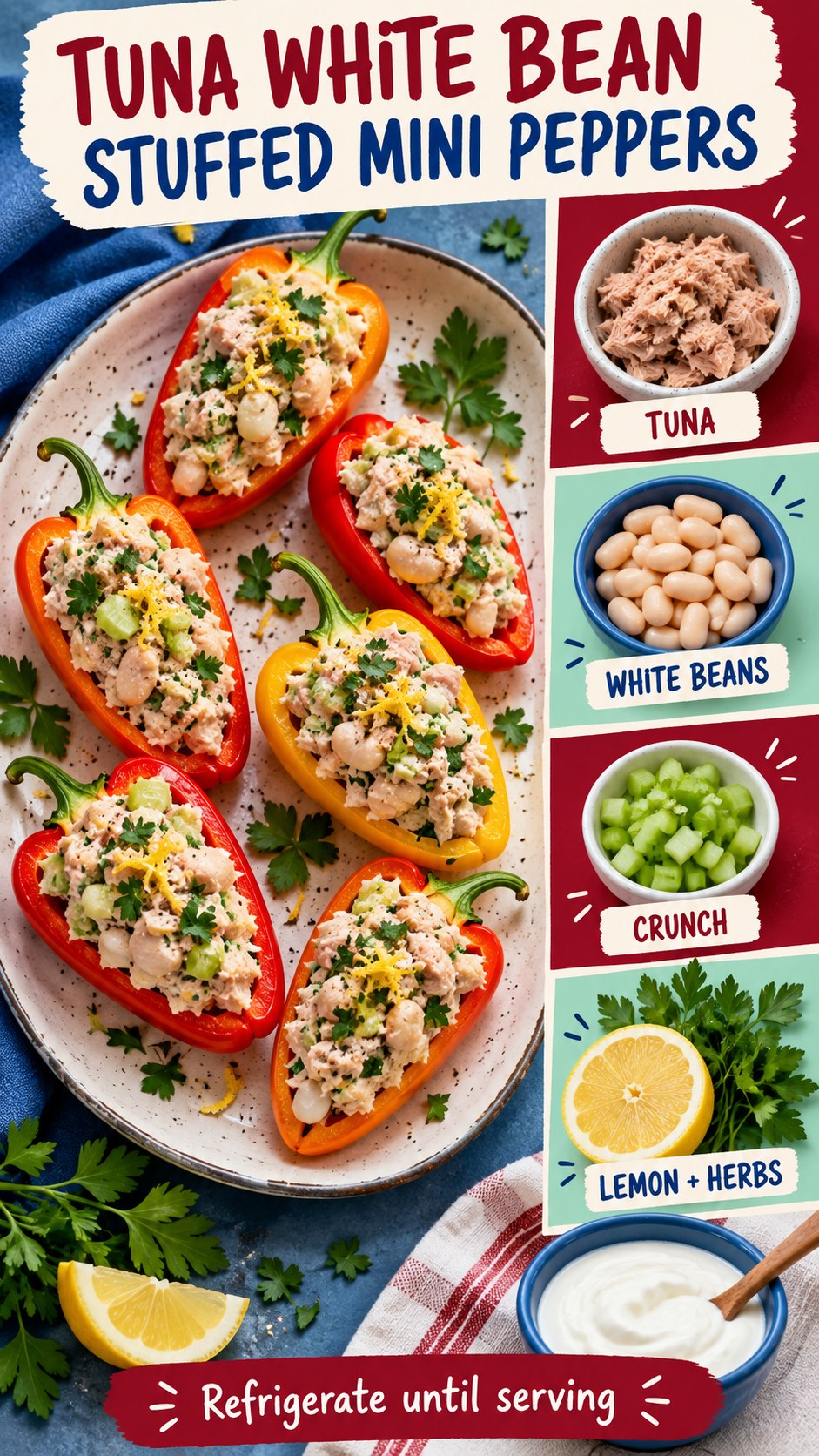 Ruby and cobalt infographic showing halved mini peppers filled with tuna, white beans, celery, lemon, parsley, and yogurt