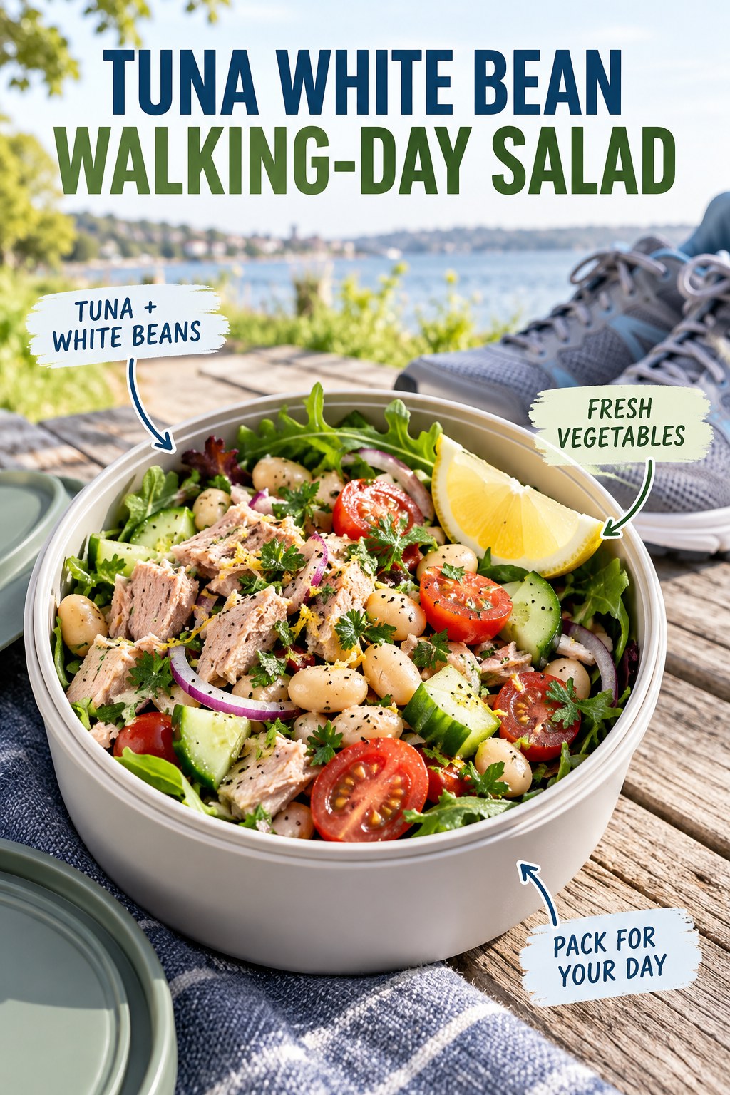 Tuna white bean walking-day salad with cucumber, tomatoes, greens, lemon, and herbs