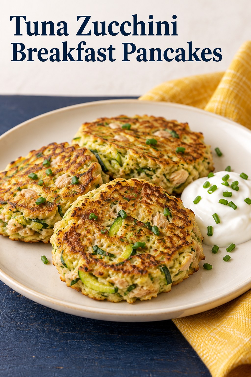 Golden tuna zucchini egg pancakes with yogurt beside the words Tuna Zucchini Breakfast Pancakes.