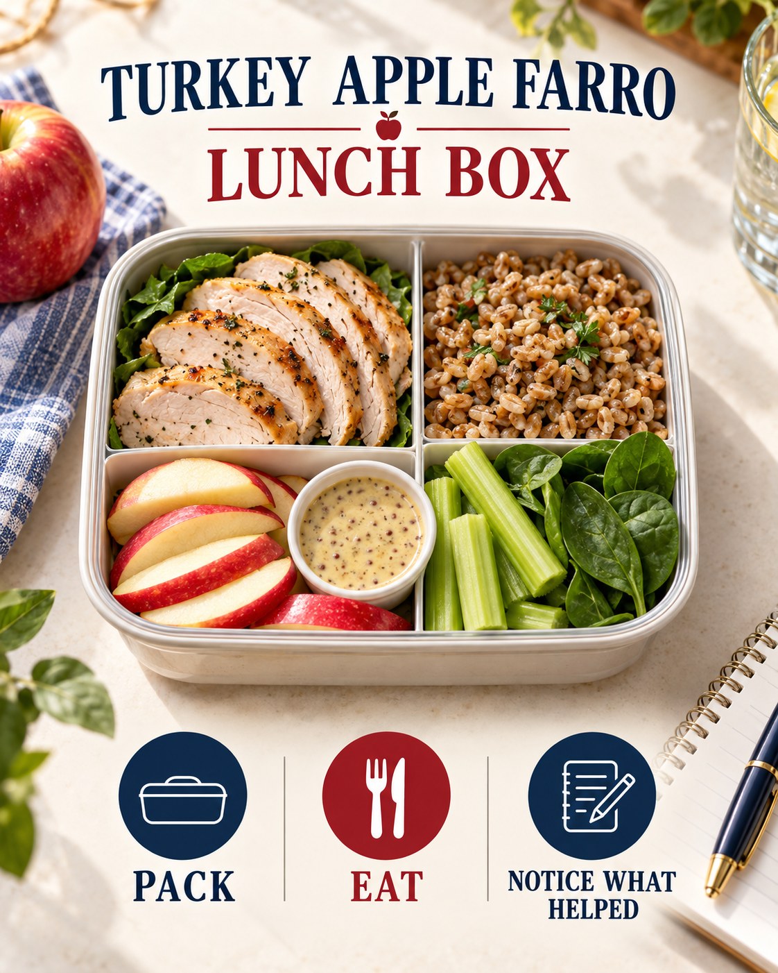 Turkey apple farro lunch box with celery, spinach, mustard-yogurt dressing, and pack-eat-notice reflection prompts.