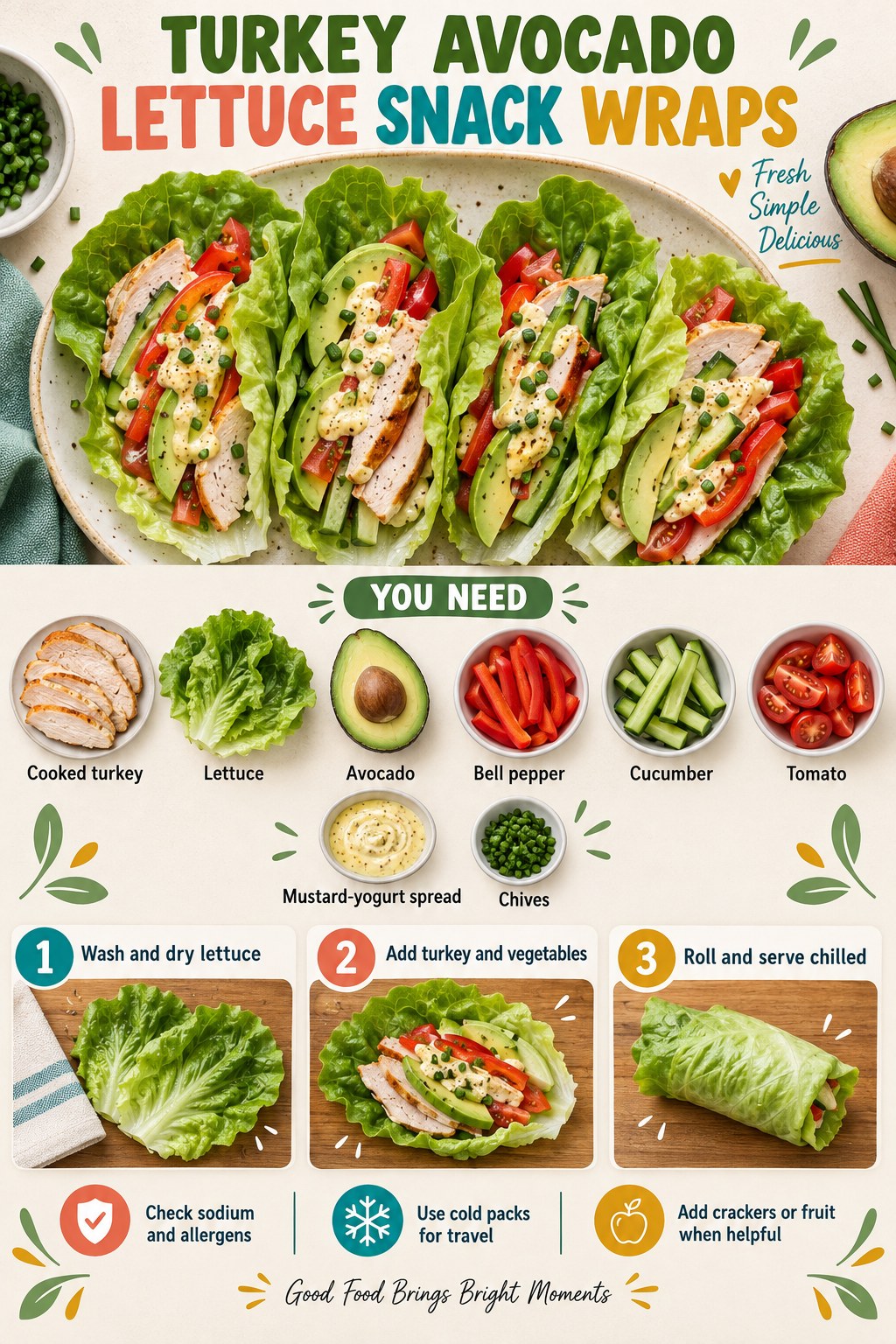 Turkey avocado lettuce snack wraps infographic with bell pepper, cucumber, tomato, yogurt spread, chives, and three steps.