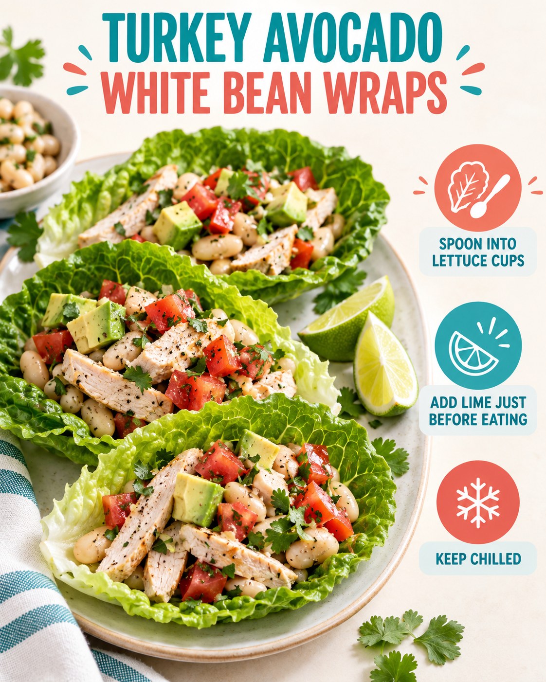 Turkey avocado white bean lettuce wraps with tomato, herbs, lime wedges, and chilled lunch packing instructions.