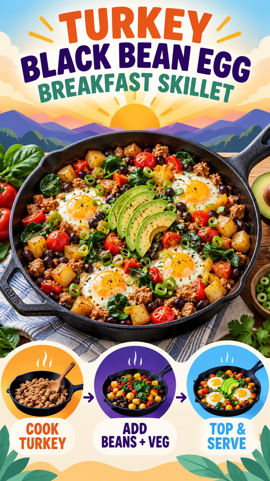 Breakfast skillet with cooked turkey, black beans, eggs, potatoes, spinach, tomatoes, peppers, and avocado