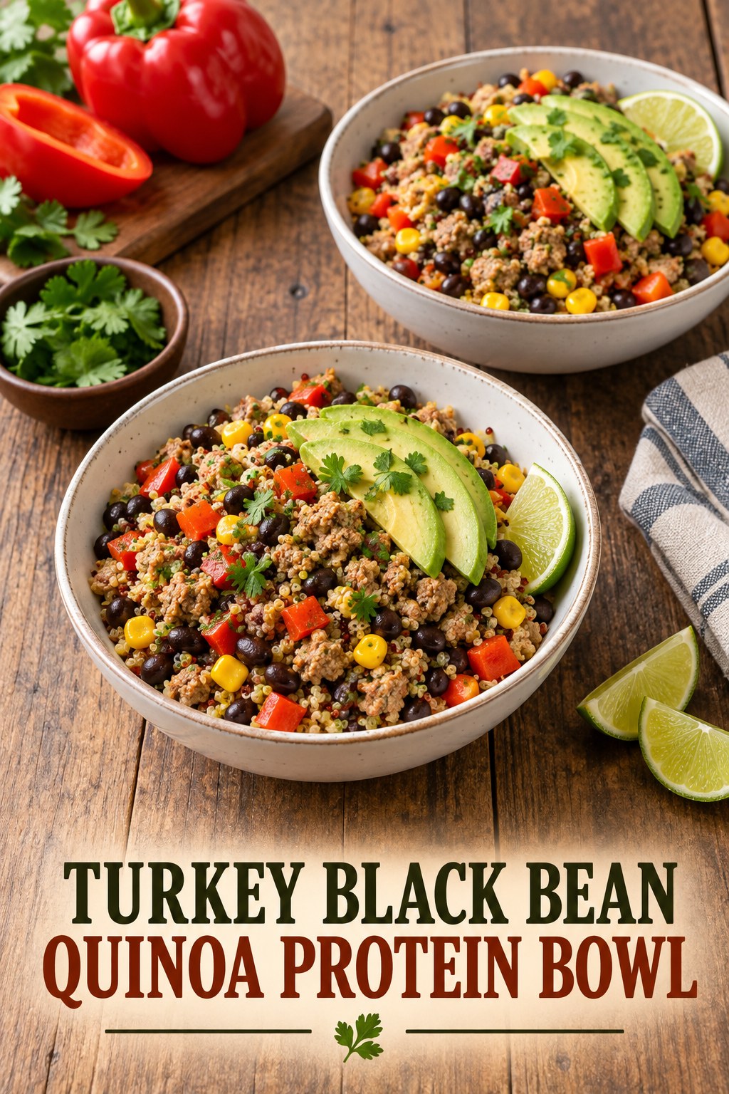 Two servings of turkey black bean quinoa protein bowl made with turkey, black beans, and vegetables.