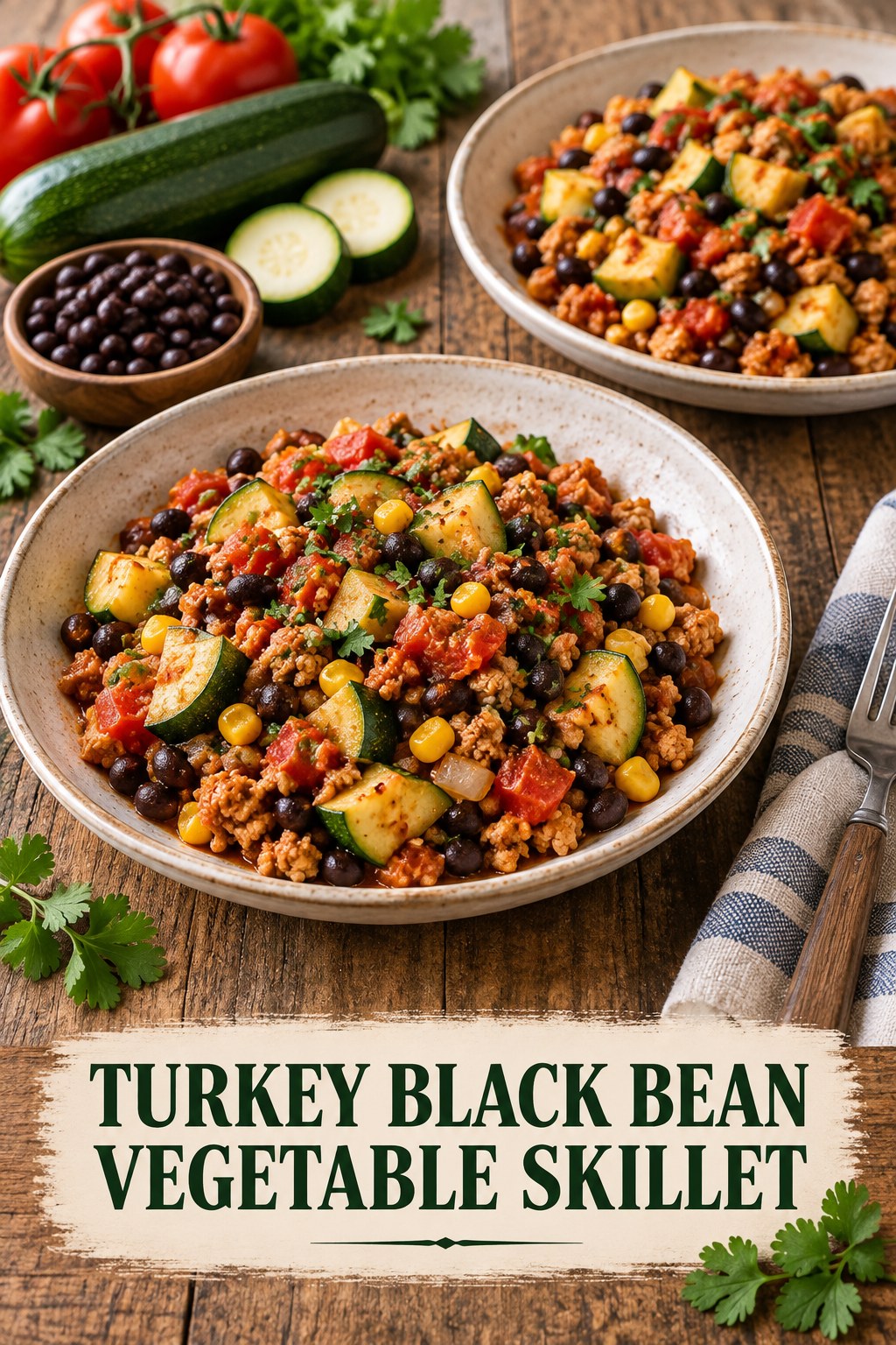 Two servings of turkey black bean vegetable skillet made with turkey, black beans, and vegetables.